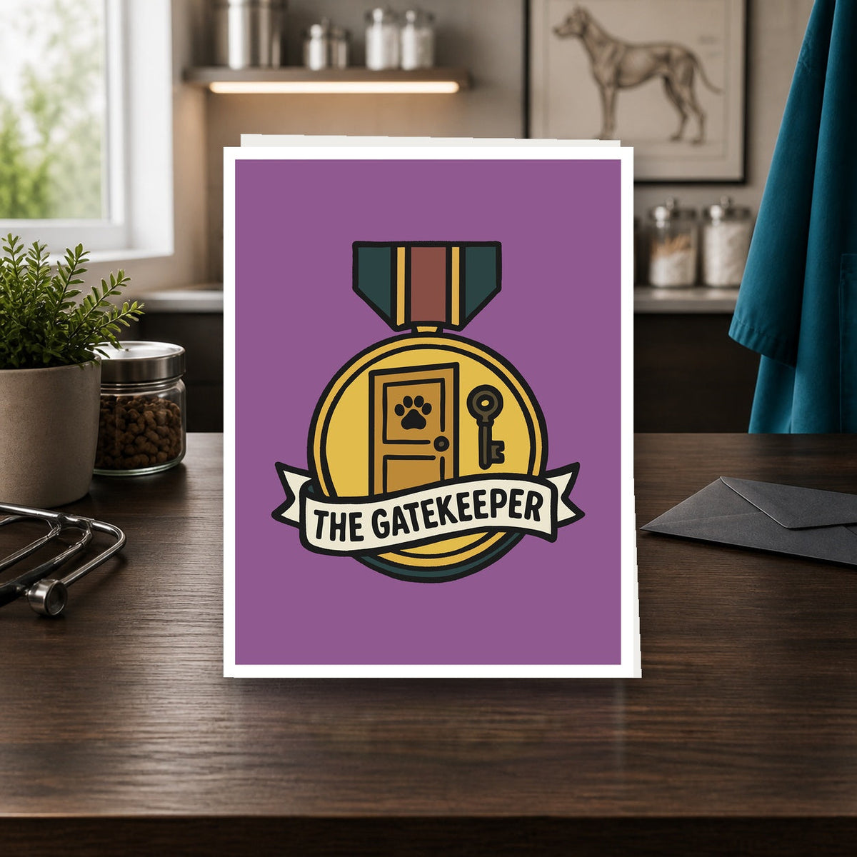 The Gatekeeper A2 veterinary notecard standing on a dark clinic desk