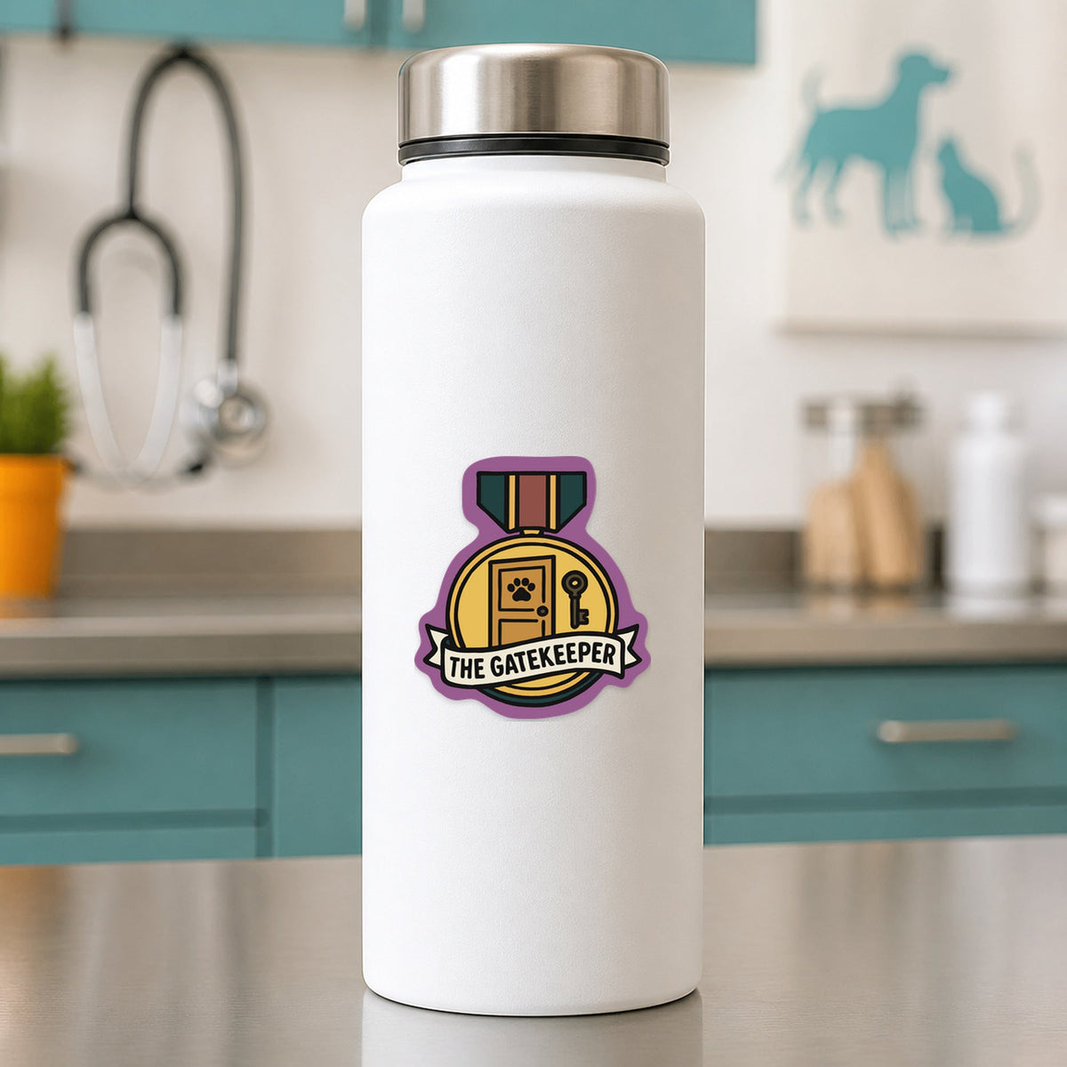 🛡️ The Gatekeeper – Funny Vet Award Sticker shown on a white clinic water bottle