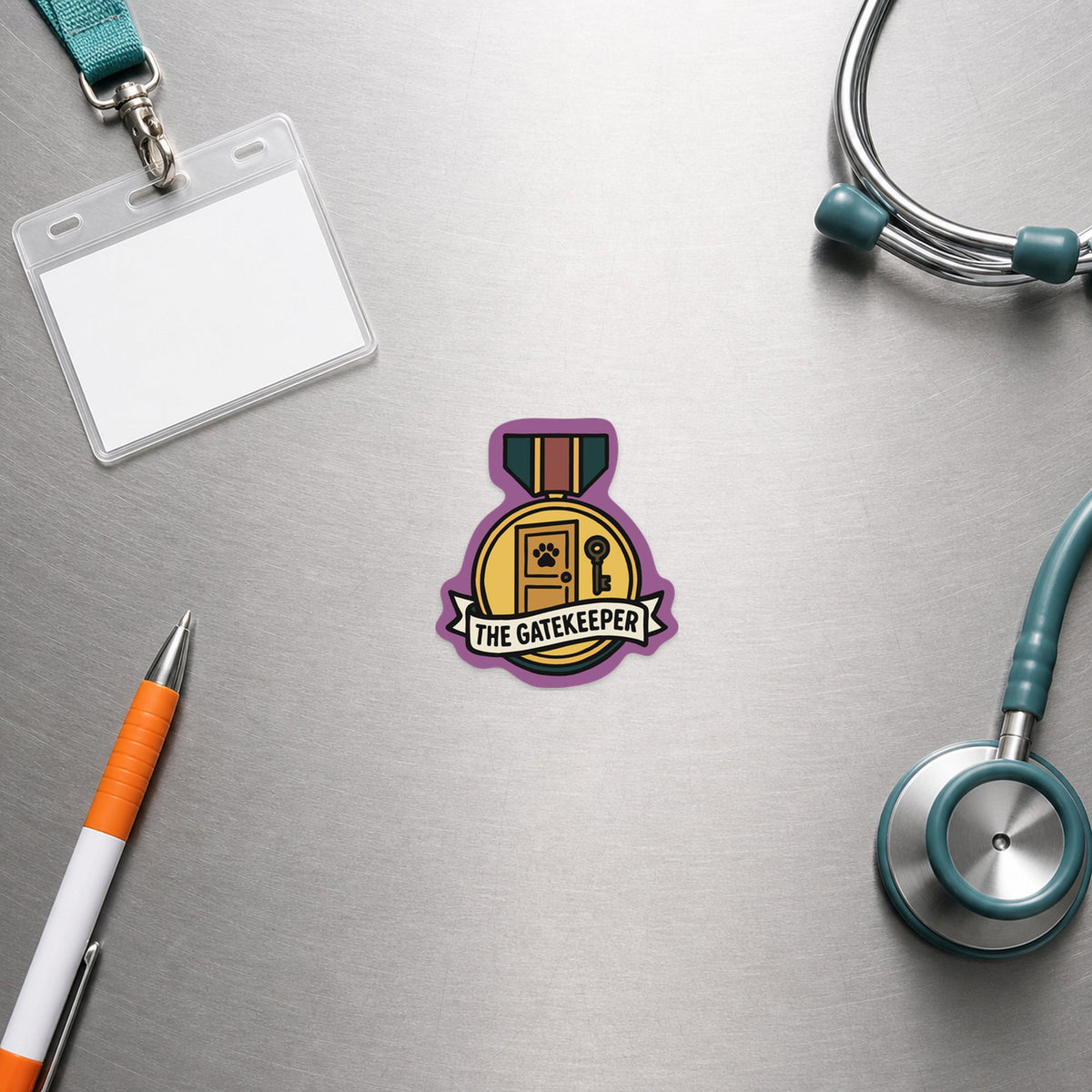 🛡️ The Gatekeeper – Funny Vet Award Sticker shown in a veterinary clinic flat lay