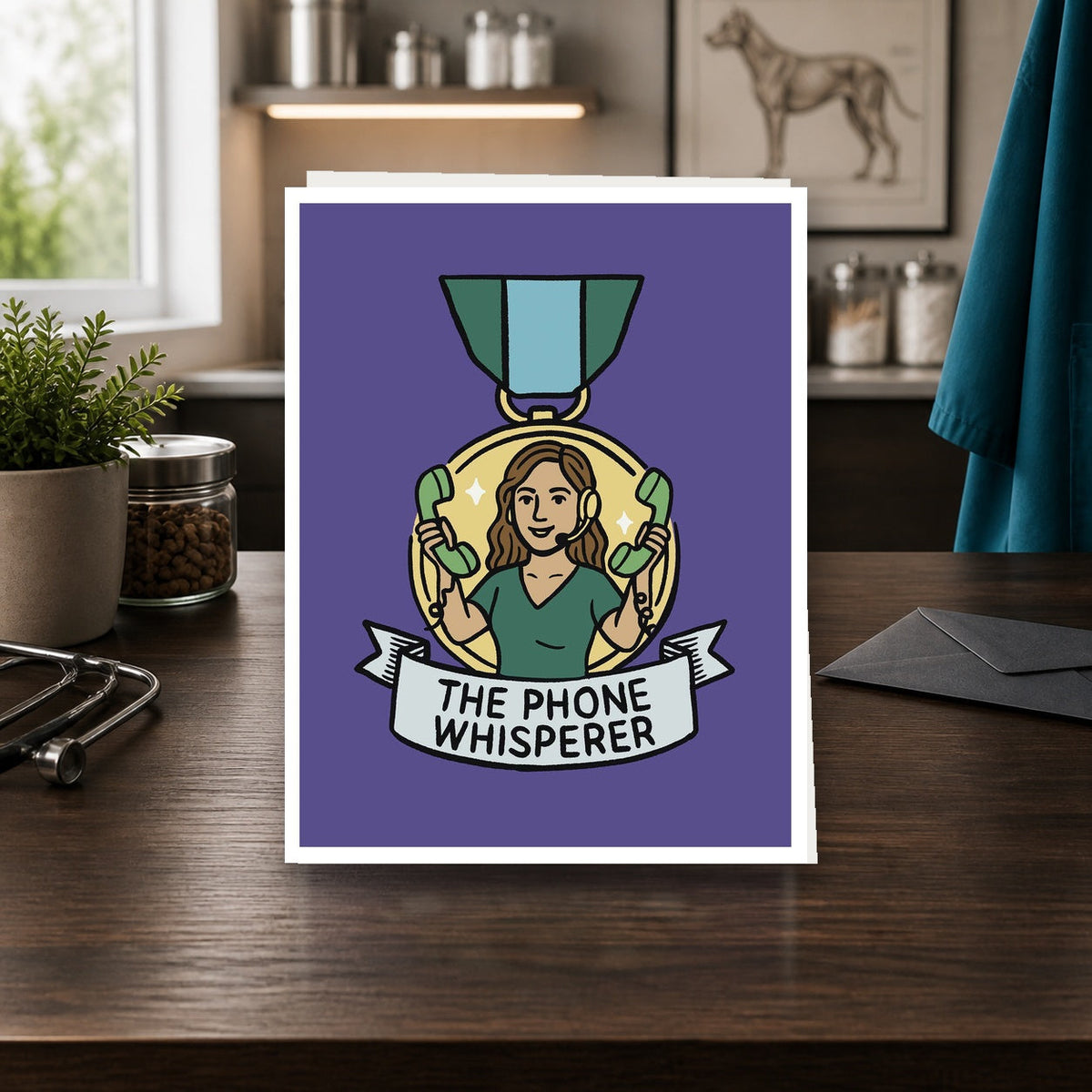 The Phone Whisperer A2 veterinary notecard standing on a dark clinic desk