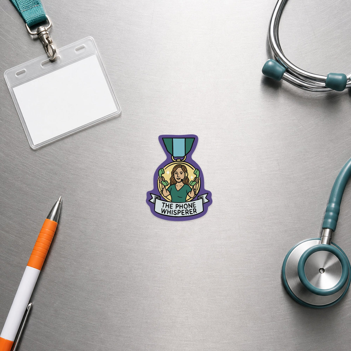 The Phone Whisperer – Award Medal Sticker shown in a veterinary clinic flat lay
