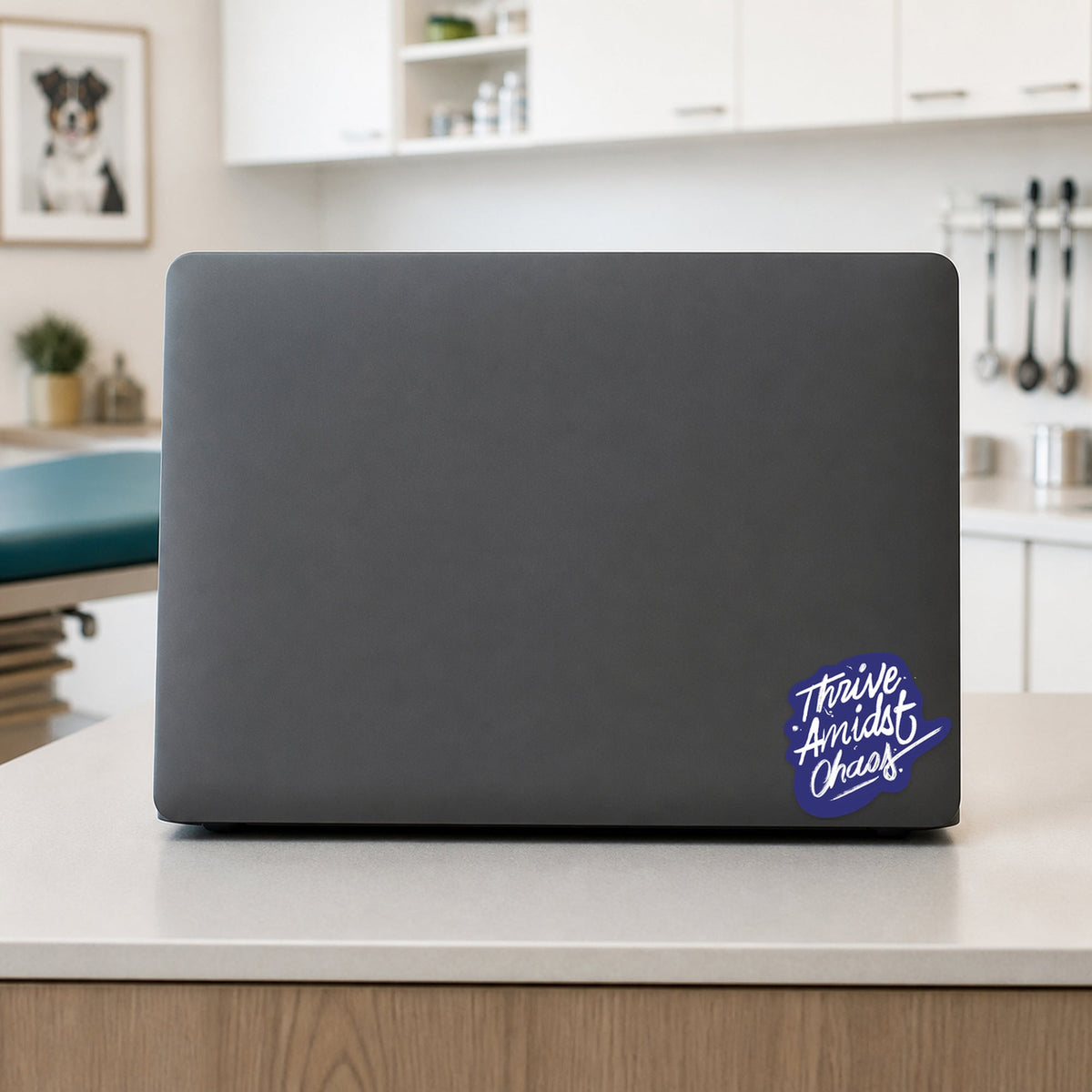 🌪️ Thrive Amidst Chaos – Hand-Lettered shown on a veterinary clinic laptop