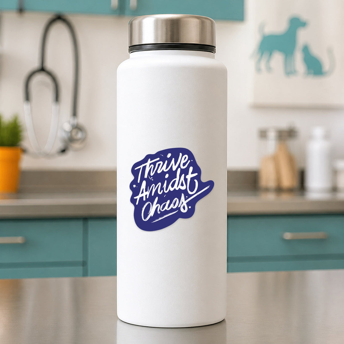 🌪️ Thrive Amidst Chaos – Hand-Lettered shown on a white clinic water bottle