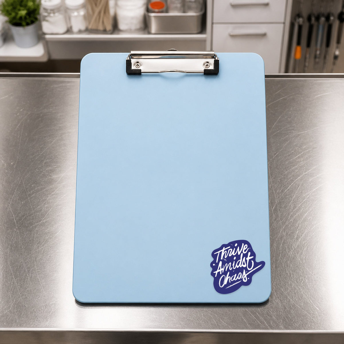 🌪️ Thrive Amidst Chaos – Hand-Lettered shown on a blue treatment clipboard
