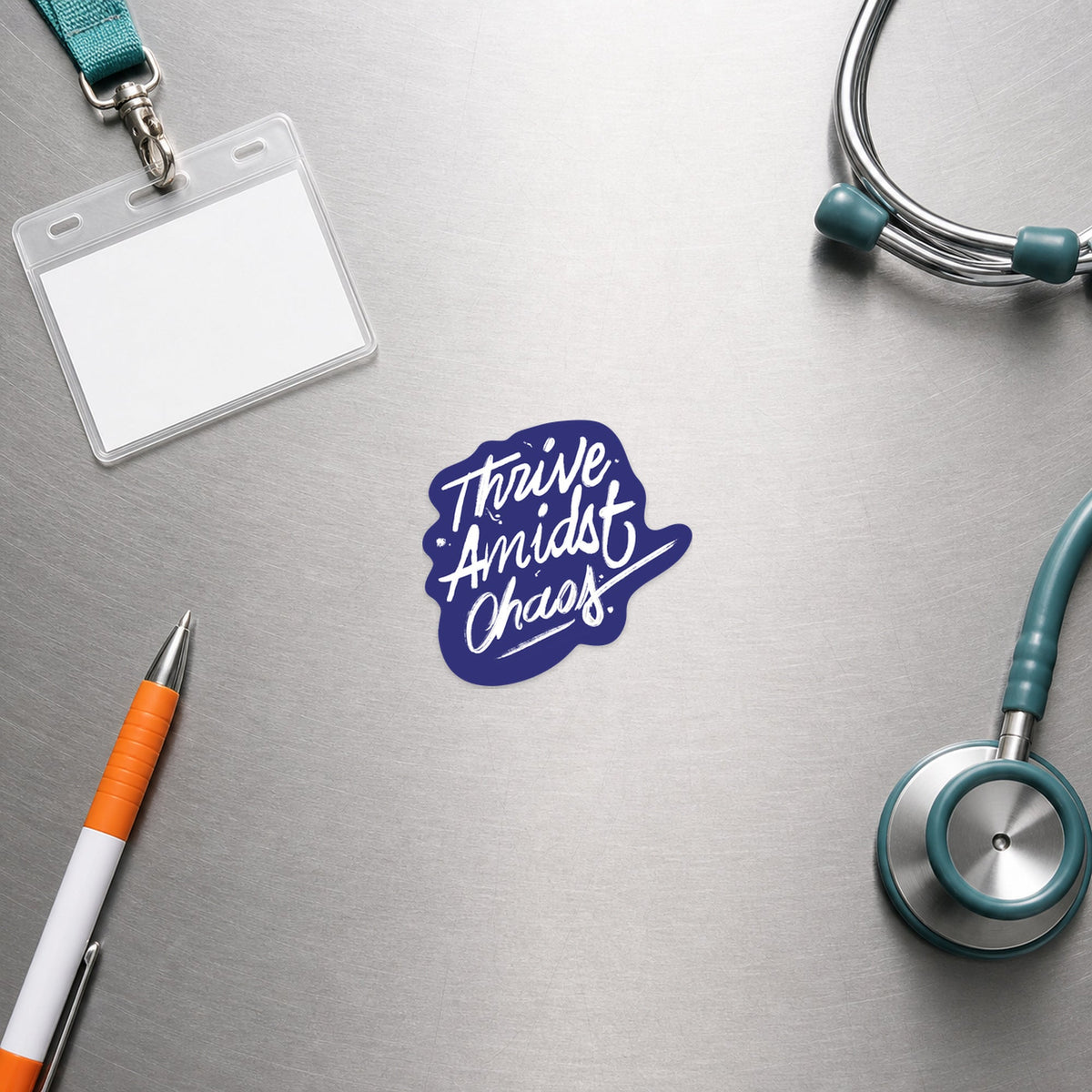 🌪️ Thrive Amidst Chaos – Hand-Lettered shown in a veterinary clinic flat lay