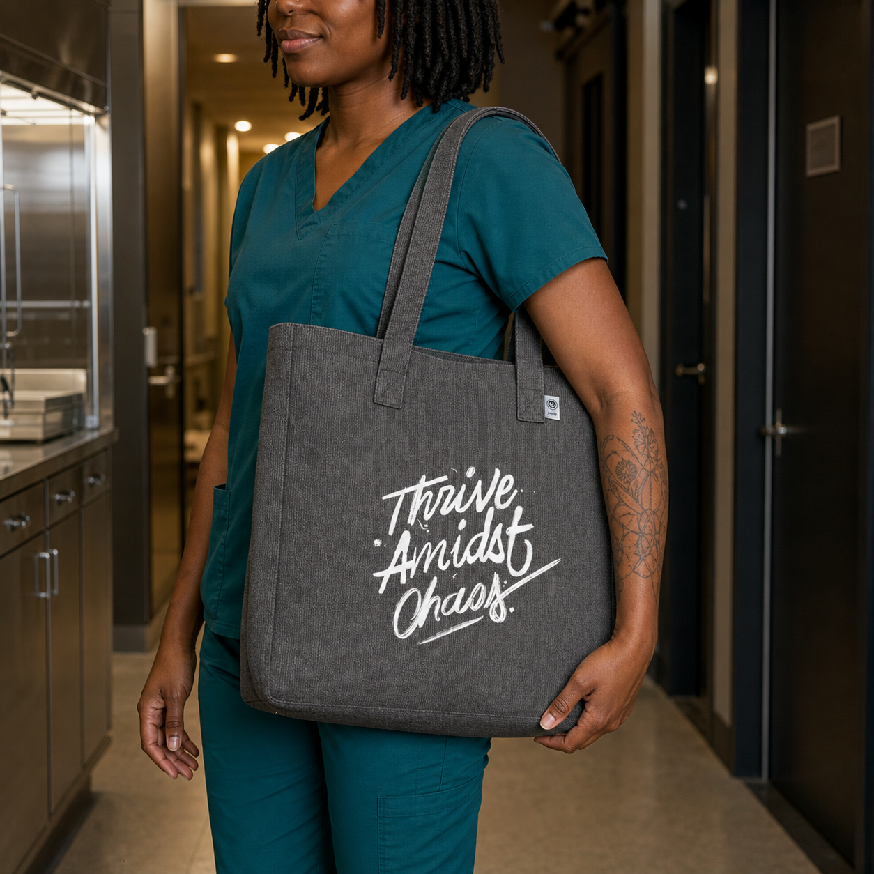Thrive Amidst Chaos charcoal hemp tote carried over the shoulder by a veterinary professional in scrubs