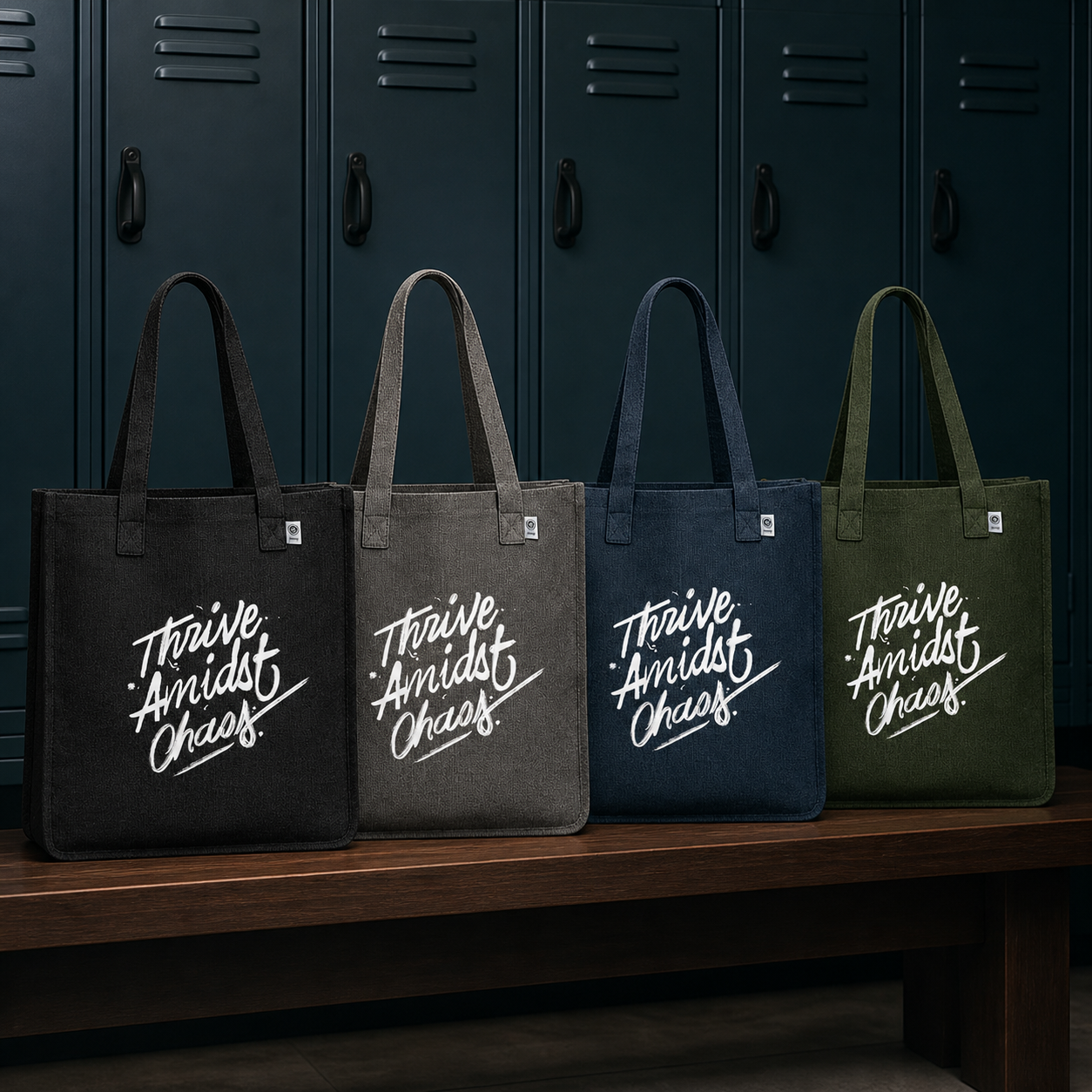 Thrive Amidst Chaos hemp tote color lineup in Black, Charcoal, Navy, and Olive against clinic lockers