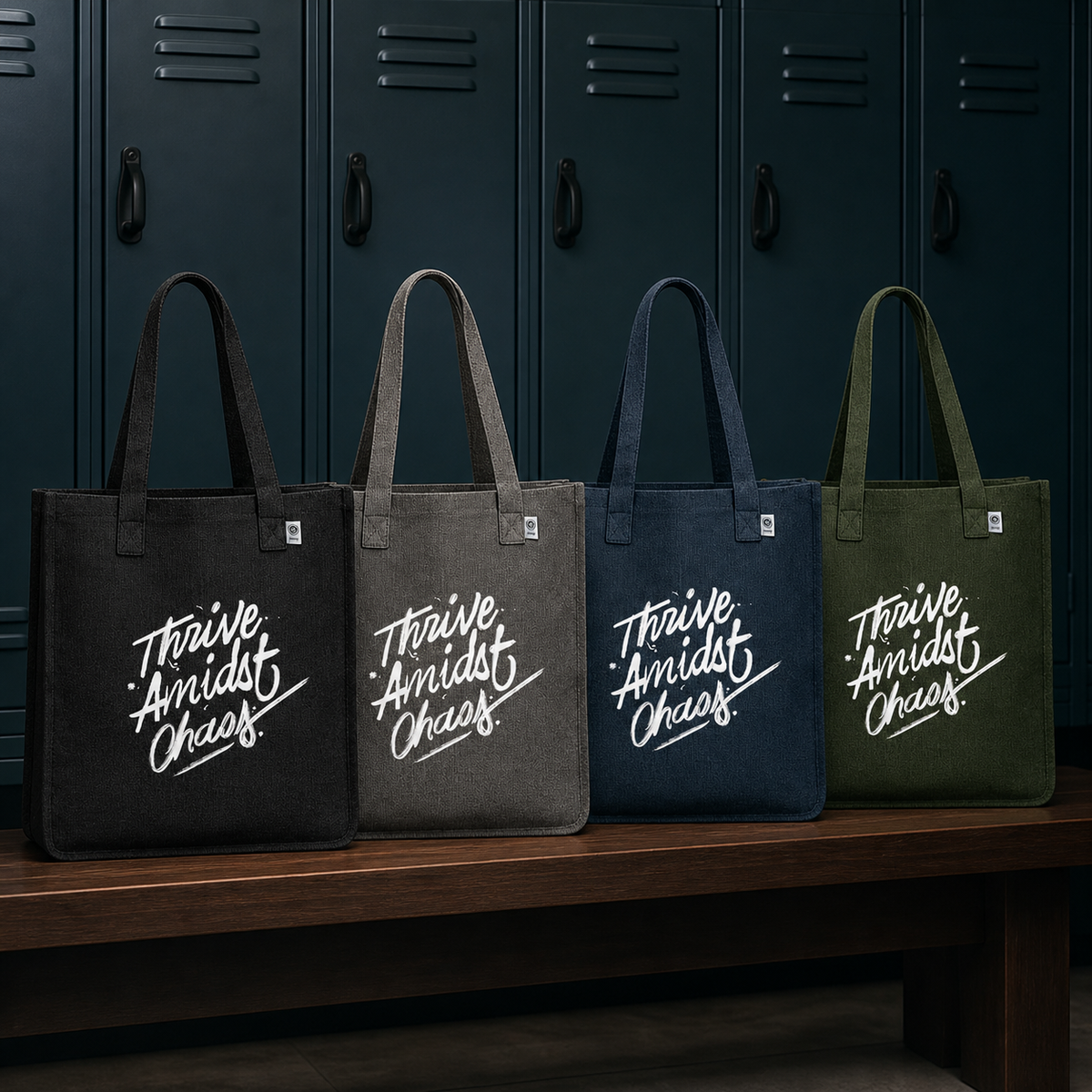 Thrive Amidst Chaos hemp tote color lineup in Black, Charcoal, Navy, and Olive against clinic lockers