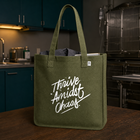 Thrive Amidst Chaos olive hemp market tote on a dark wood table in a veterinary clinic