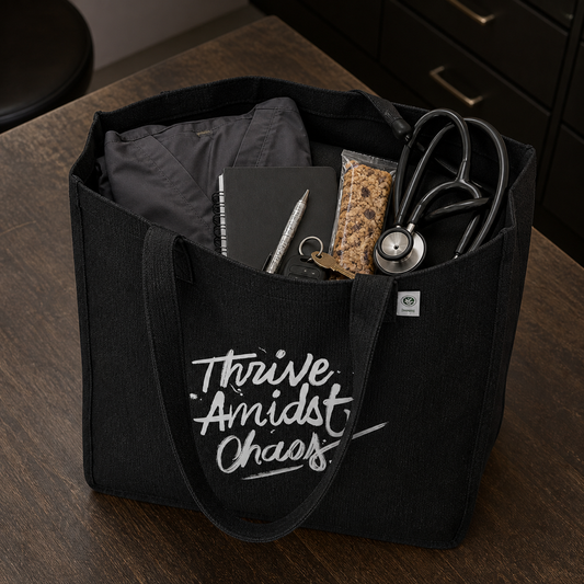 Thrive Amidst Chaos black hemp tote packed with scrubs, notebook, pen, keys, snack, and stethoscope