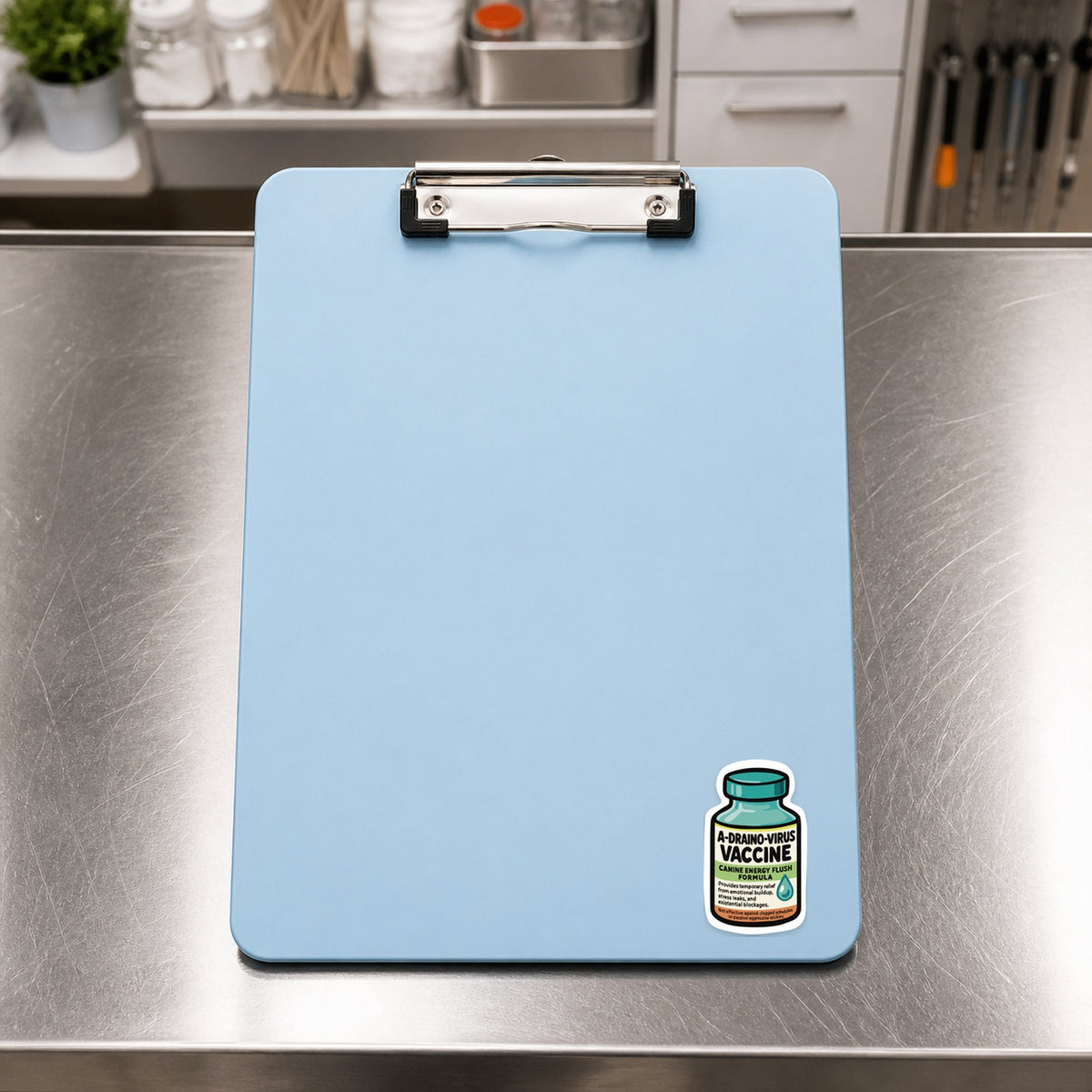 A-Draino-Virus Vaccine – Funny Vet Sticker shown on a blue treatment clipboard