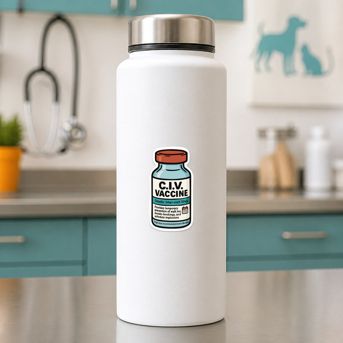 C.I.V. Vaccine – Funny Vet Sticker shown on a white clinic water bottle