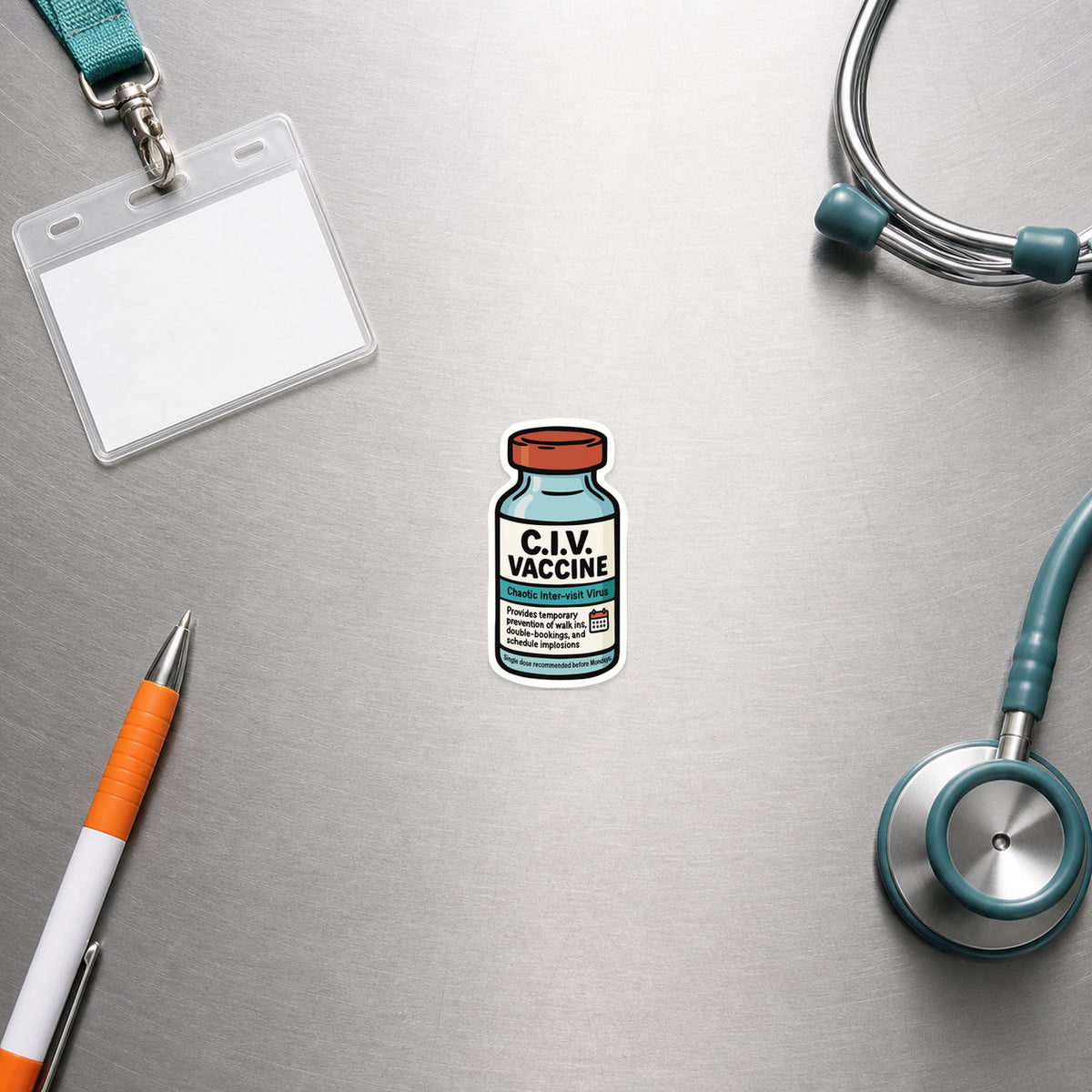 C.I.V. Vaccine – Funny Vet Sticker shown in a veterinary clinic flat lay