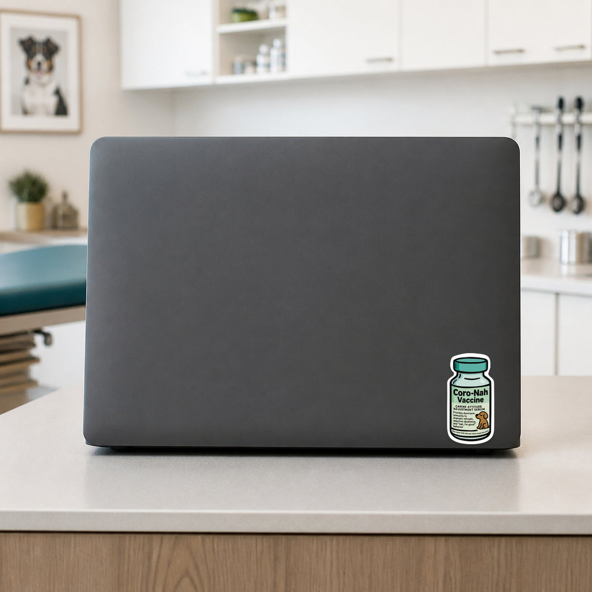 Coro-Nah Vaccine – Funny Vet Sticker shown on a veterinary clinic laptop