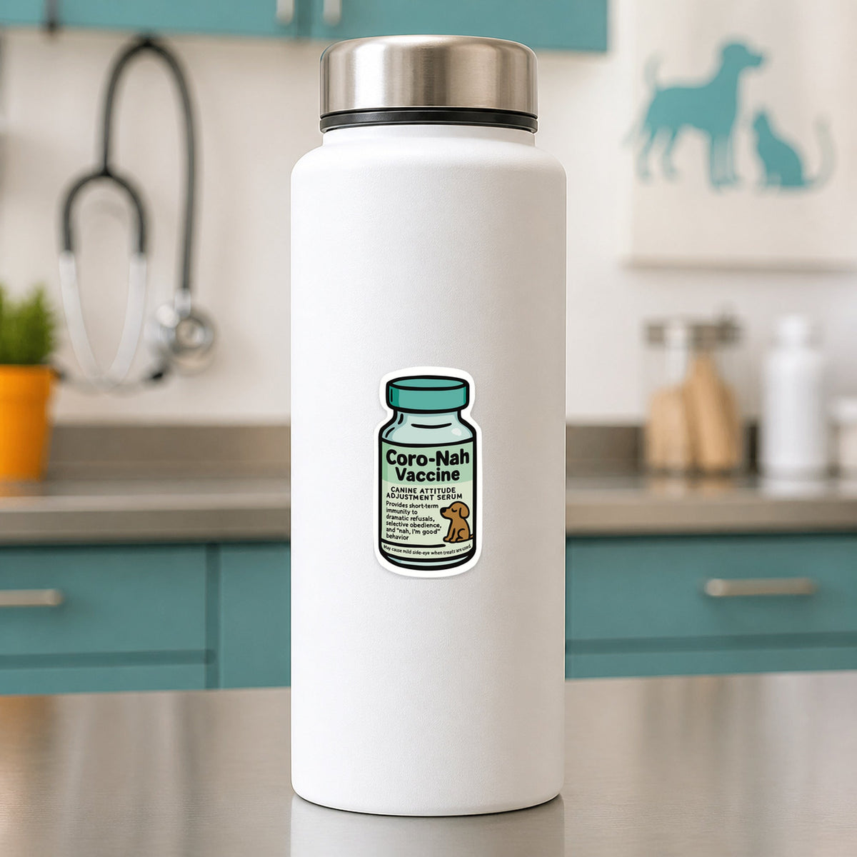 Coro-Nah Vaccine – Funny Vet Sticker shown on a white clinic water bottle