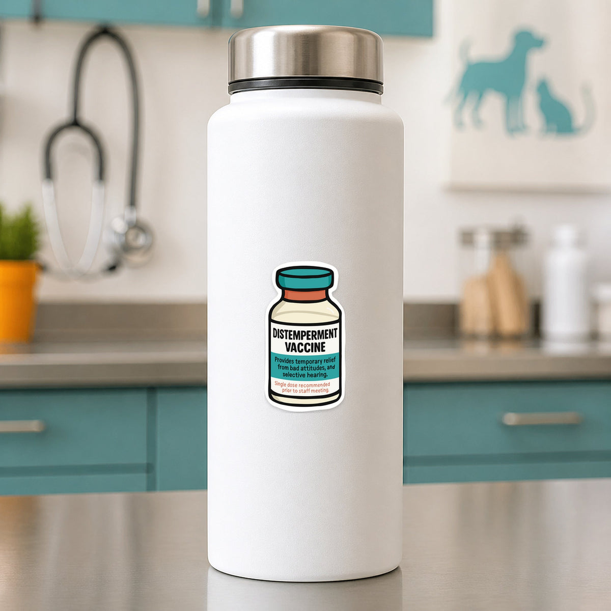 Distemperment Vaccine – Funny Vet Sticker shown on a white clinic water bottle