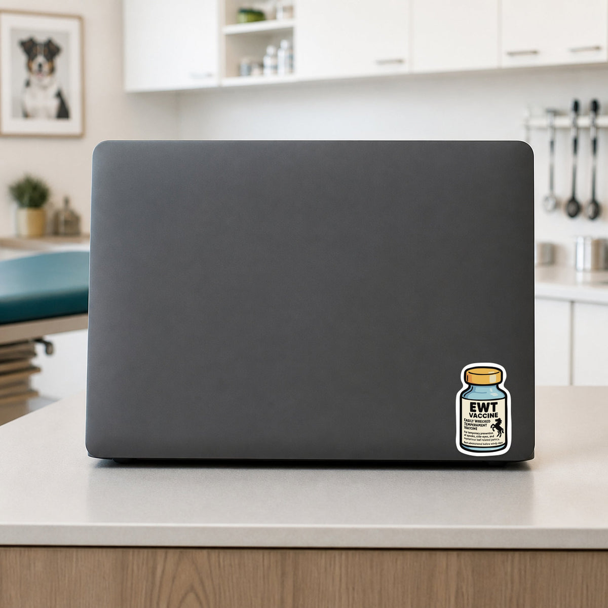 EWT Vaccine – Funny Vet Sticker shown on a veterinary clinic laptop