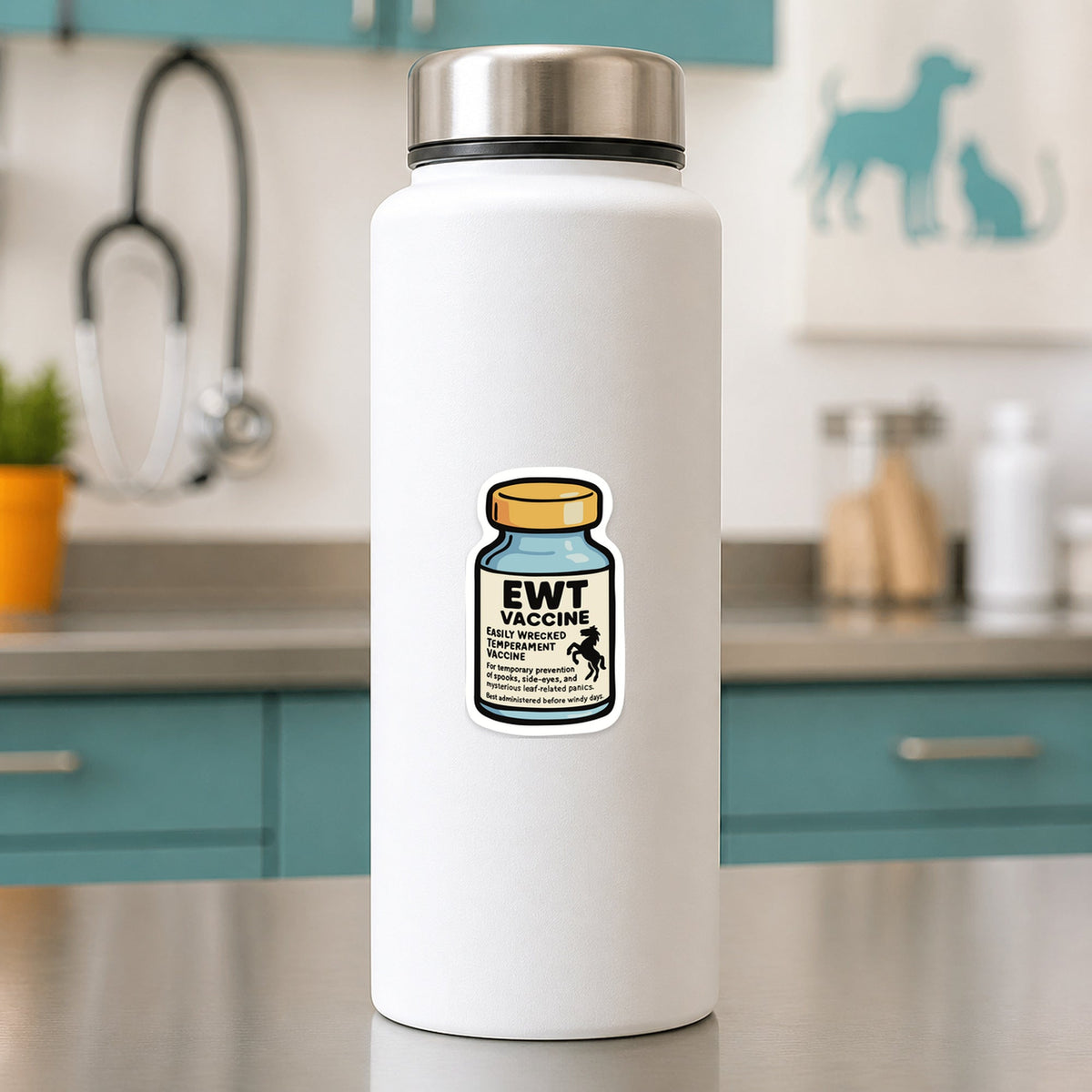 EWT Vaccine – Funny Vet Sticker shown on a white clinic water bottle