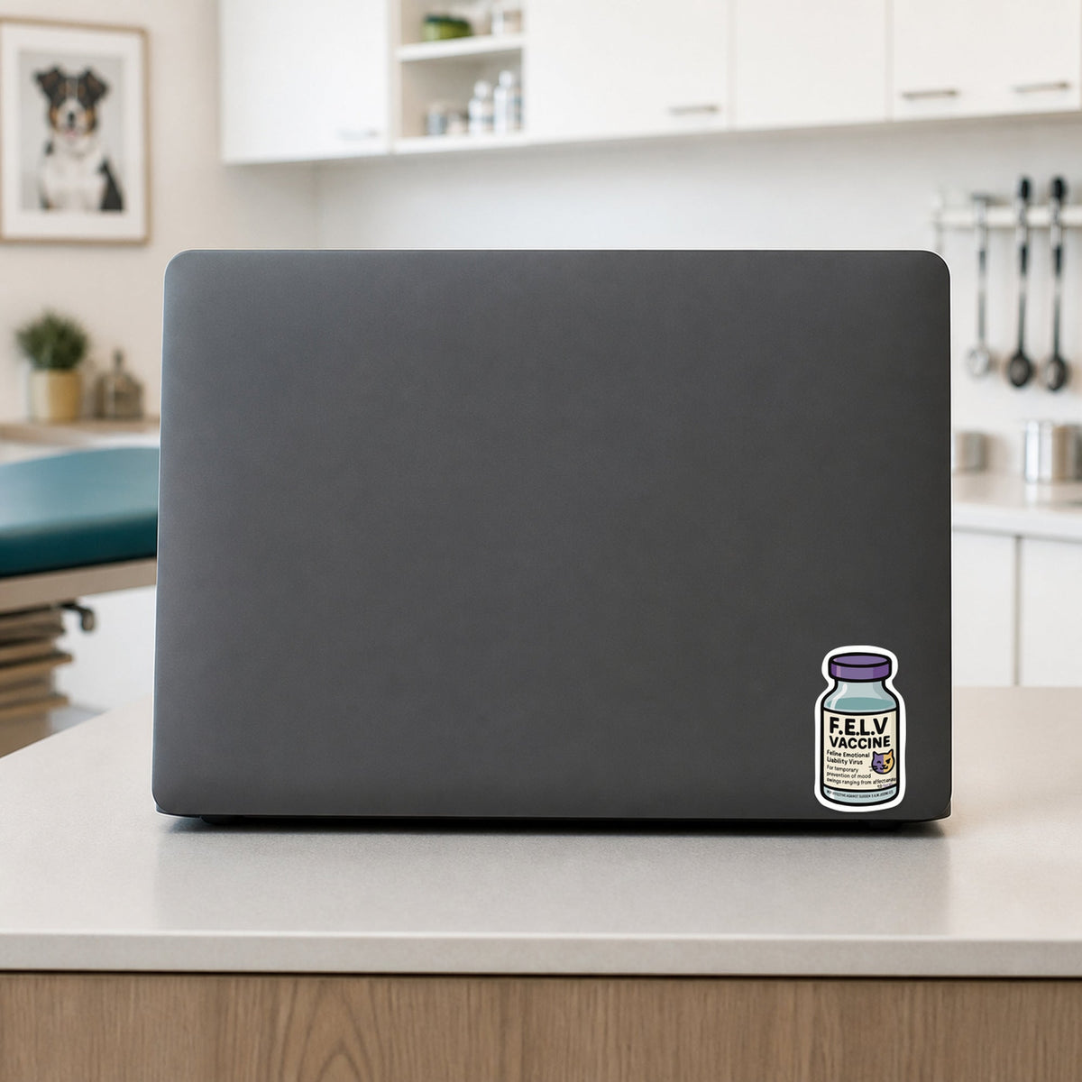 F.E.L.V. Vaccine – Funny Vet Sticker shown on a veterinary clinic laptop