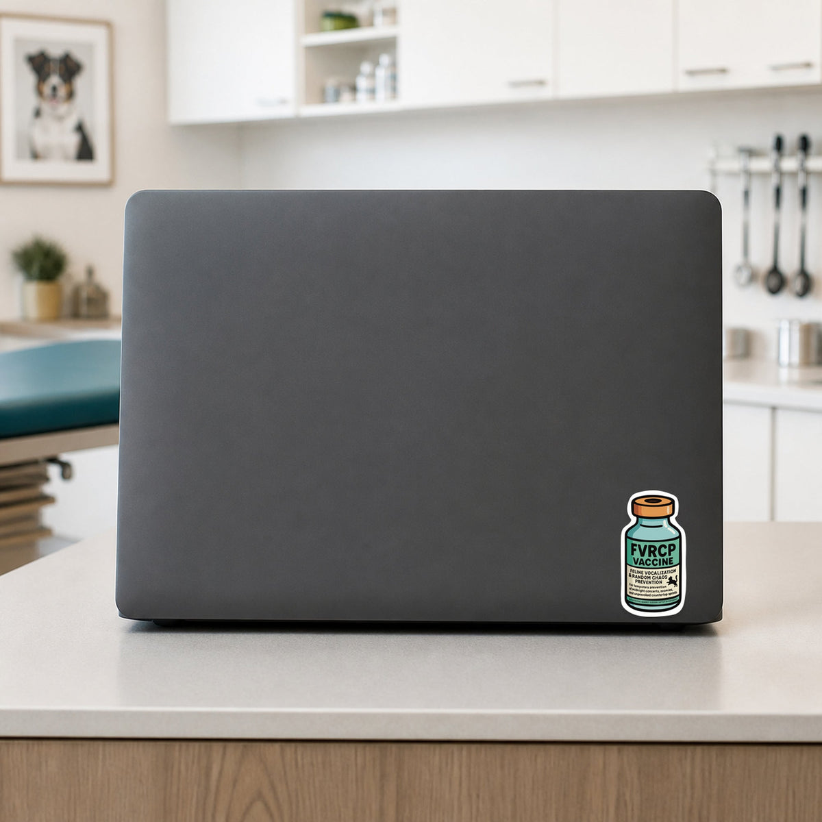 FVRCP Vaccine – Funny Vet Sticker shown on a veterinary clinic laptop