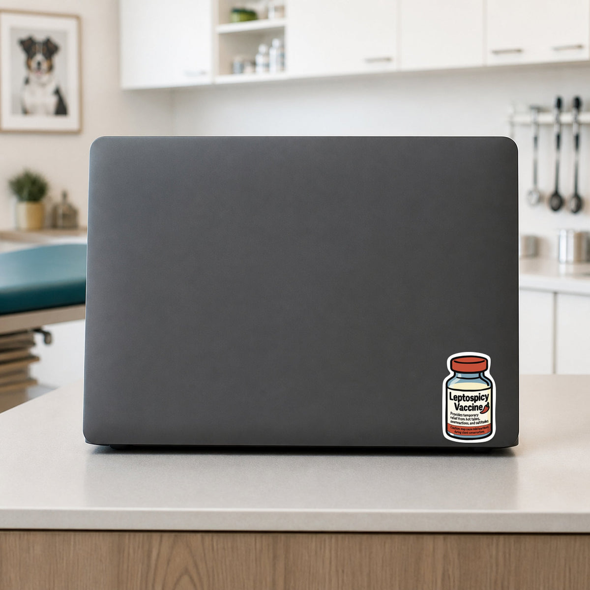 Leptospicy Vaccine – Funny Vet Sticker shown on a veterinary clinic laptop