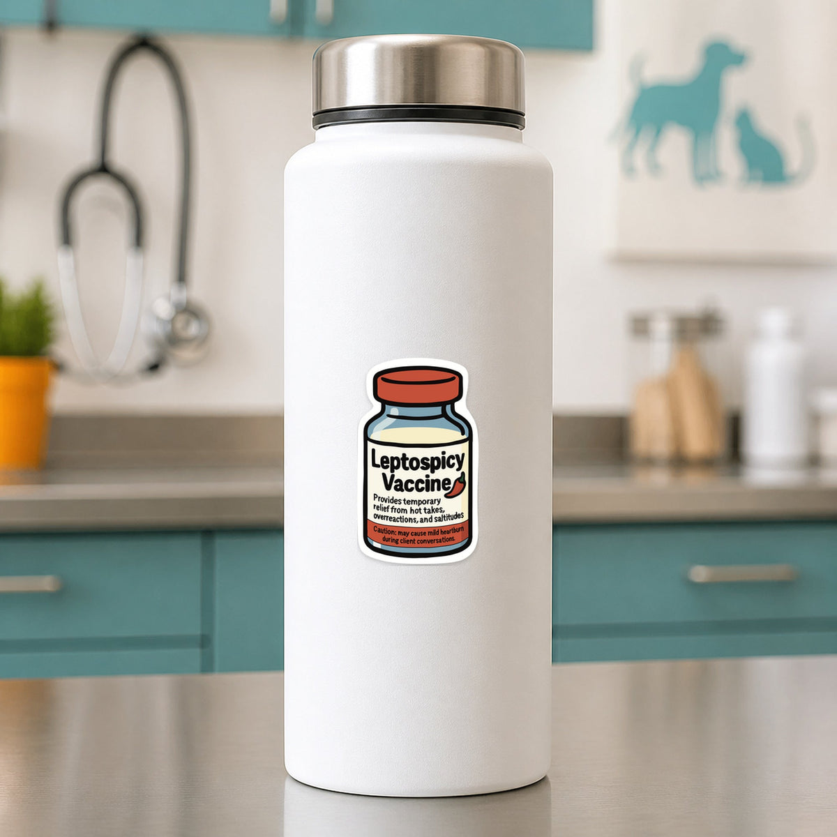 Leptospicy Vaccine – Funny Vet Sticker shown on a white clinic water bottle