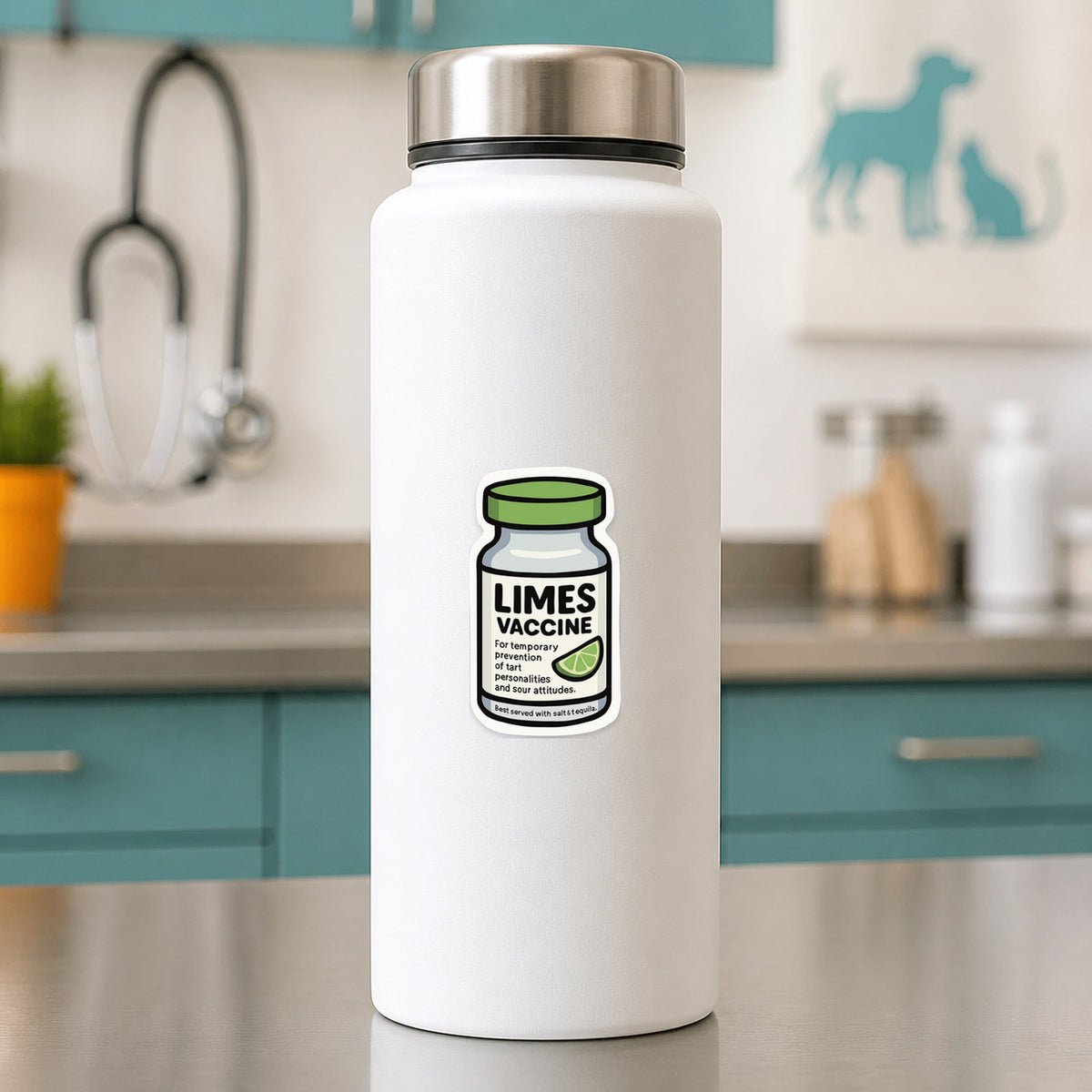 Limes Vaccine – Funny Vet Sticker shown on a white clinic water bottle