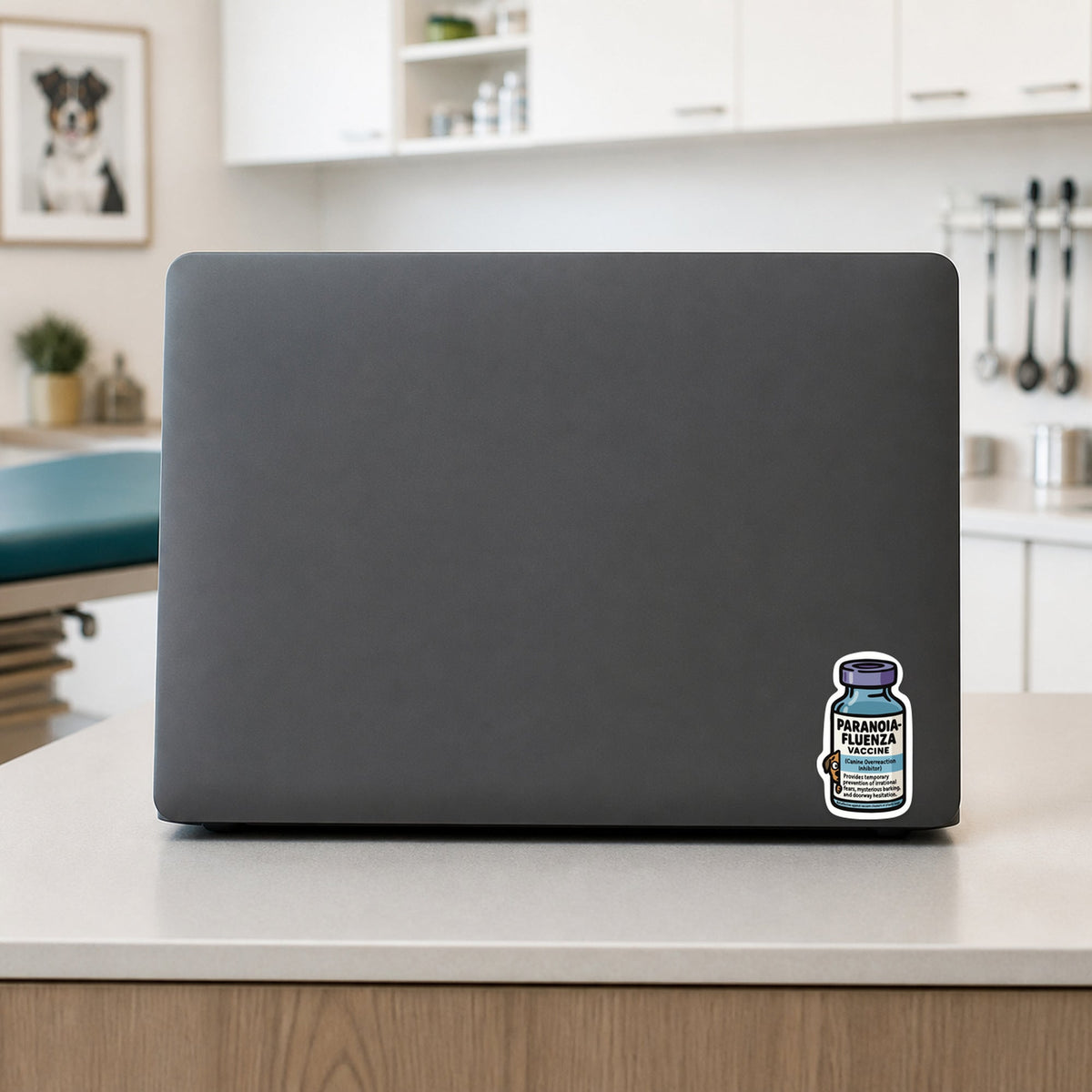 Paranoia-Fluenza Vaccine – Funny Vet Sticker shown on a veterinary clinic laptop