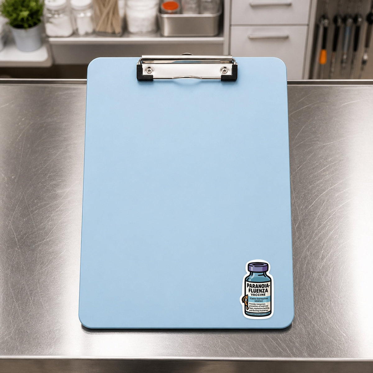 Paranoia-Fluenza Vaccine – Funny Vet Sticker shown on a blue treatment clipboard