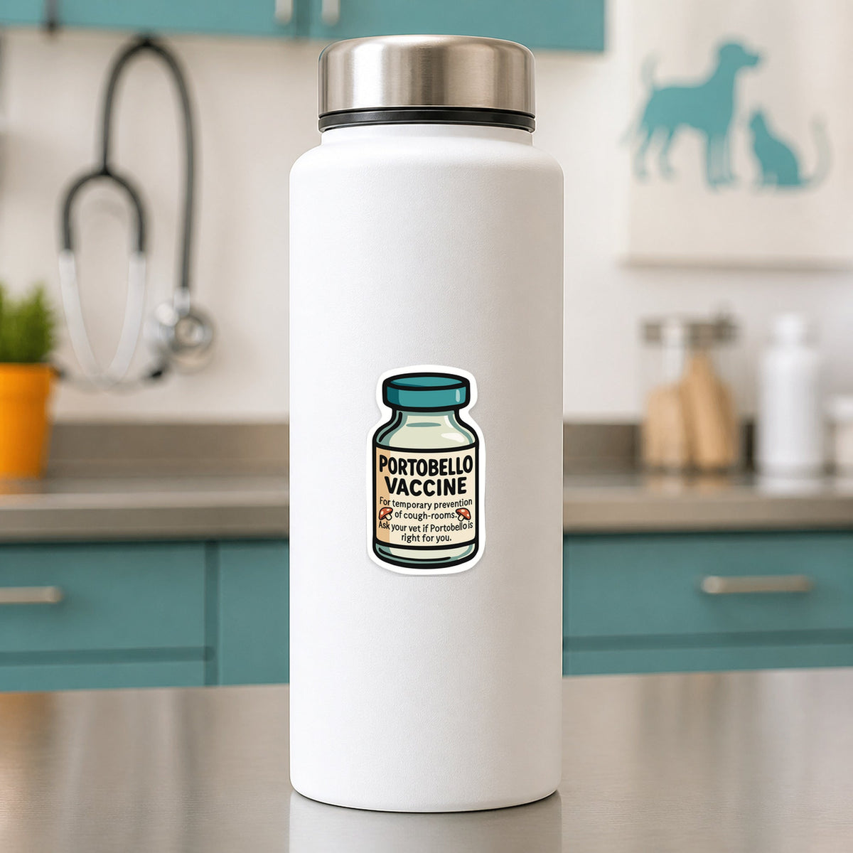 Portobello Vaccine – Funny Vet Sticker shown on a white clinic water bottle
