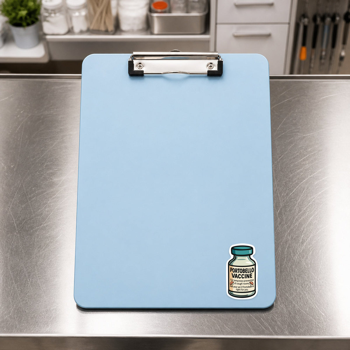 Portobello Vaccine – Funny Vet Sticker shown on a blue treatment clipboard
