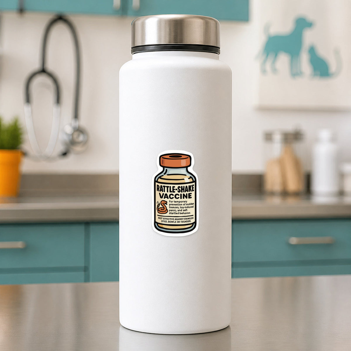 Rattle-Shake Vaccine – Funny Vet Sticker shown on a white clinic water bottle
