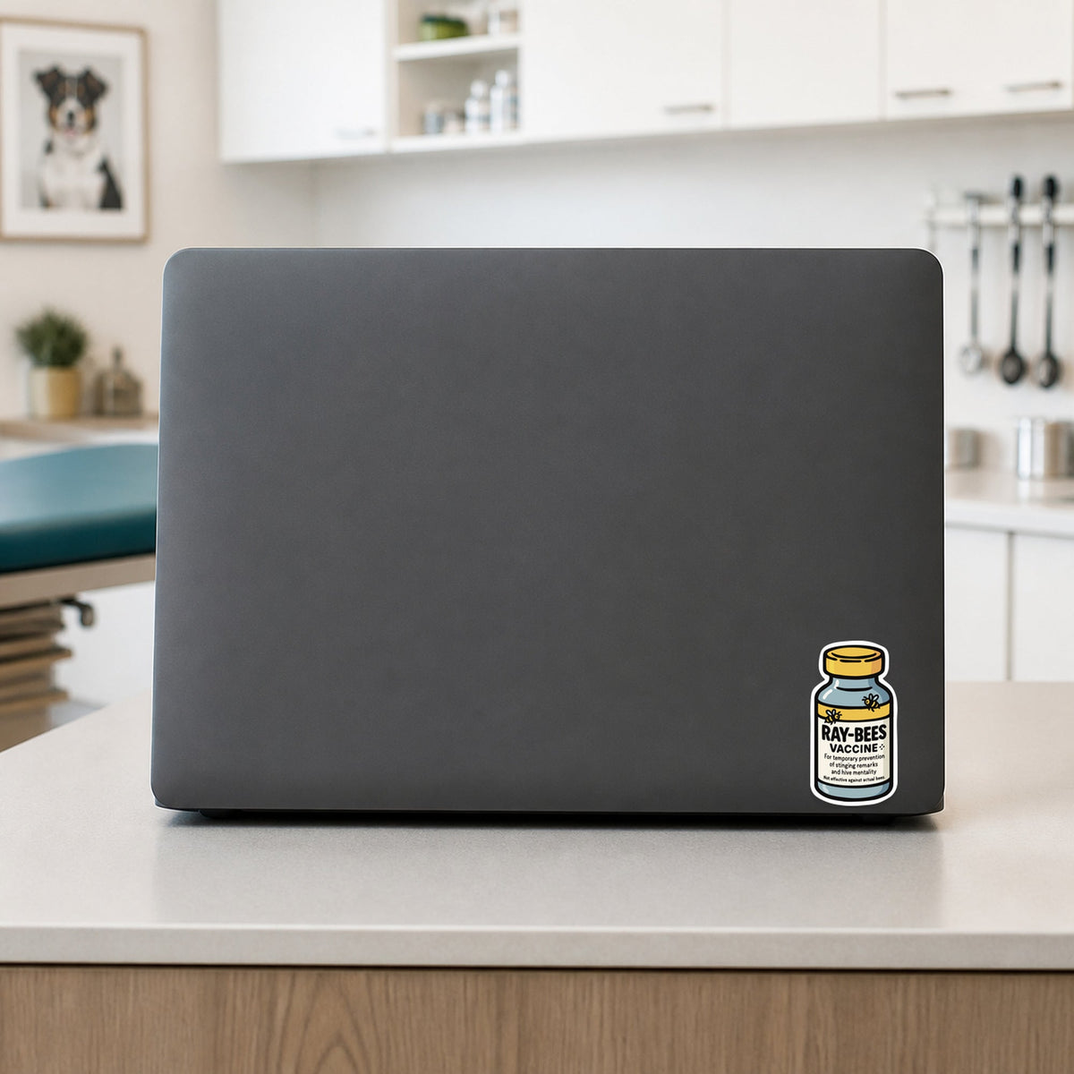 Ray-Bees Vaccine – Funny Vet Sticker shown on a veterinary clinic laptop