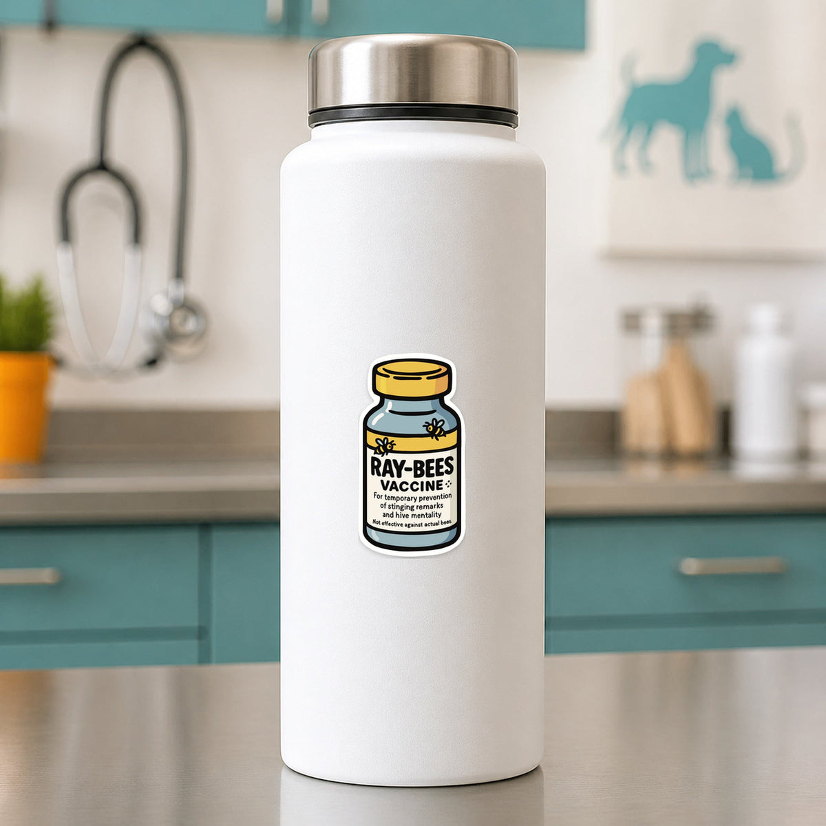 Ray-Bees Vaccine – Funny Vet Sticker shown on a white clinic water bottle