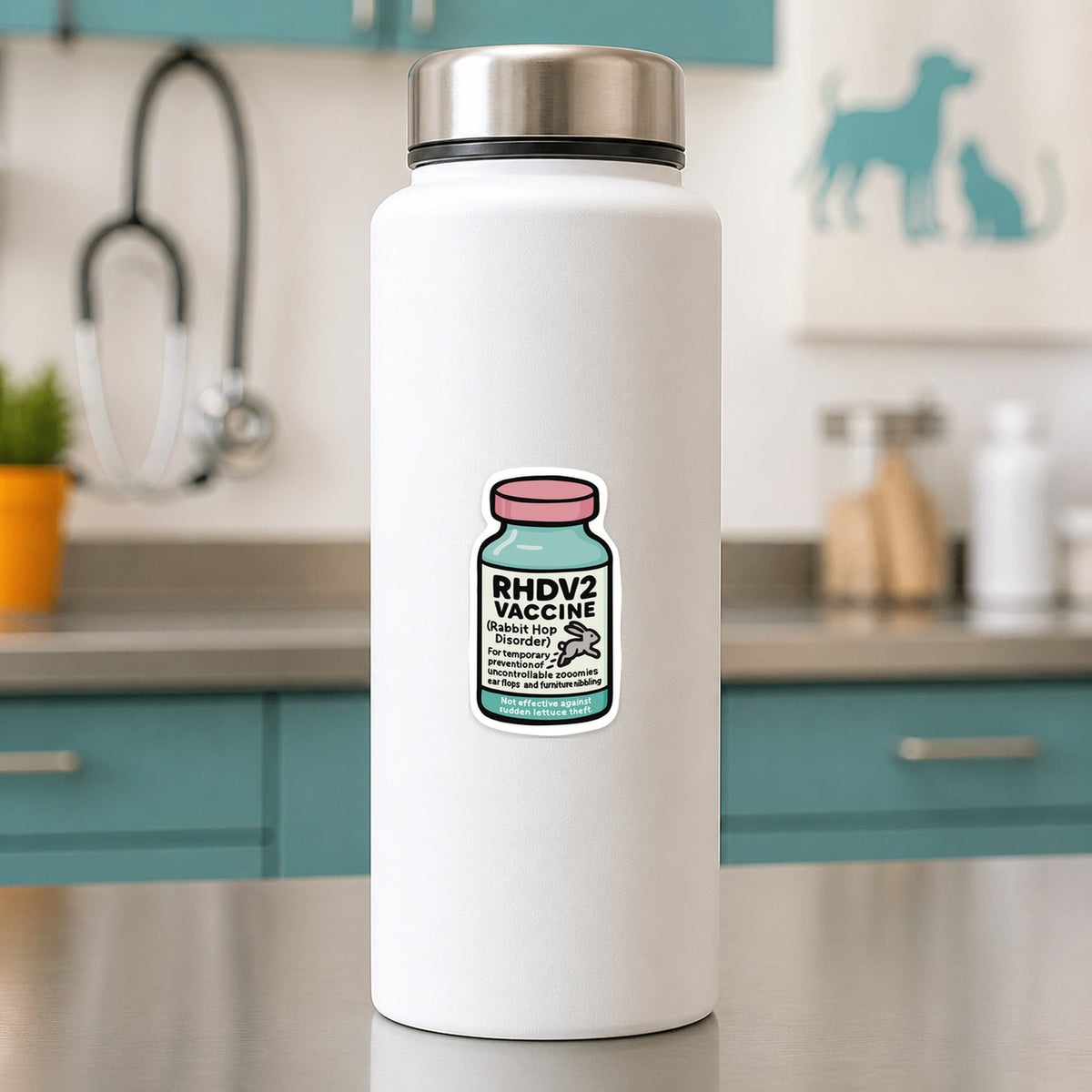 RHDV2 Vaccine – Funny Vet Sticker shown on a white clinic water bottle