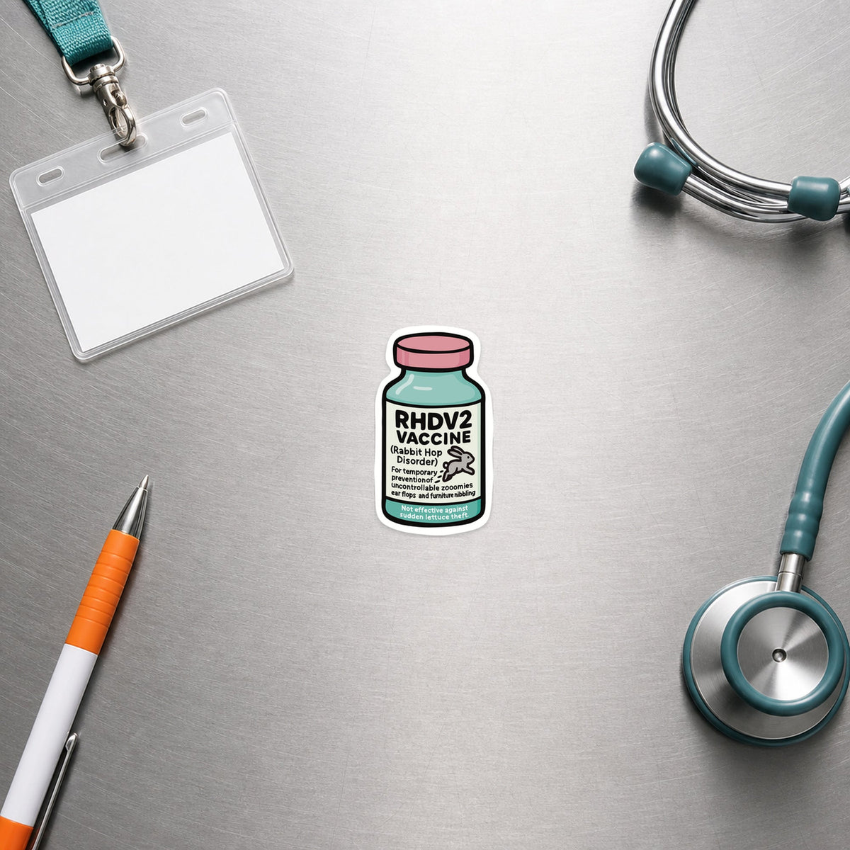 RHDV2 Vaccine – Funny Vet Sticker shown in a veterinary clinic flat lay