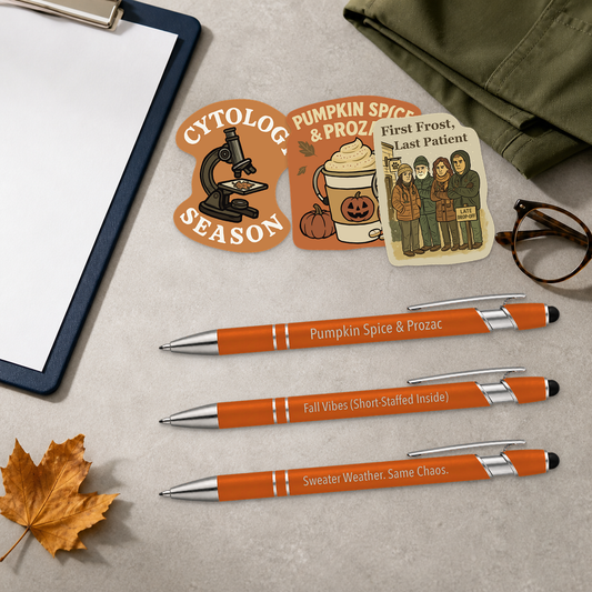 Fall Complete Set with all three veterinary stickers and all three orange gel pens beside a clipboard and scrubs