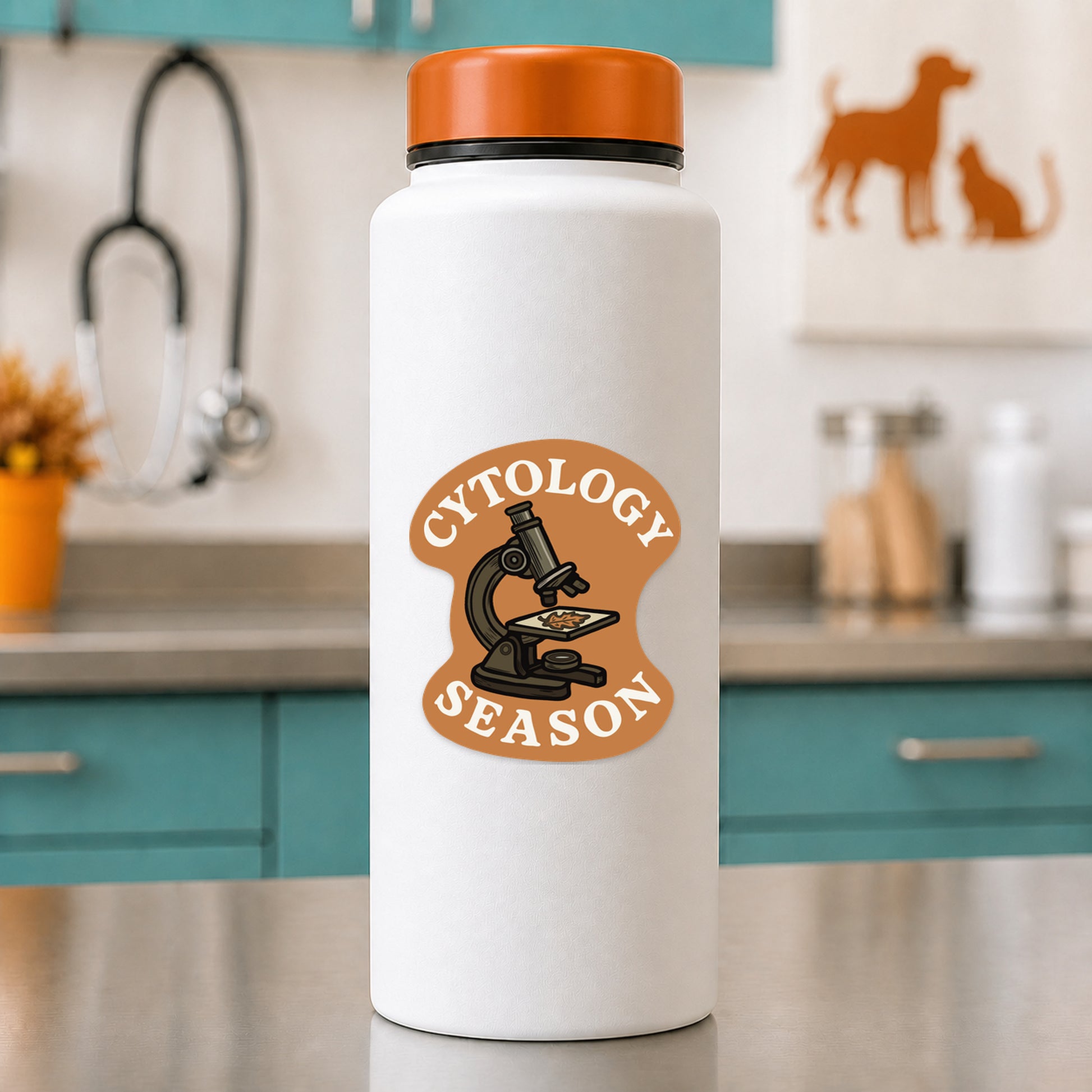 Cytology Season fall veterinary sticker on a white water bottle in a vet clinic