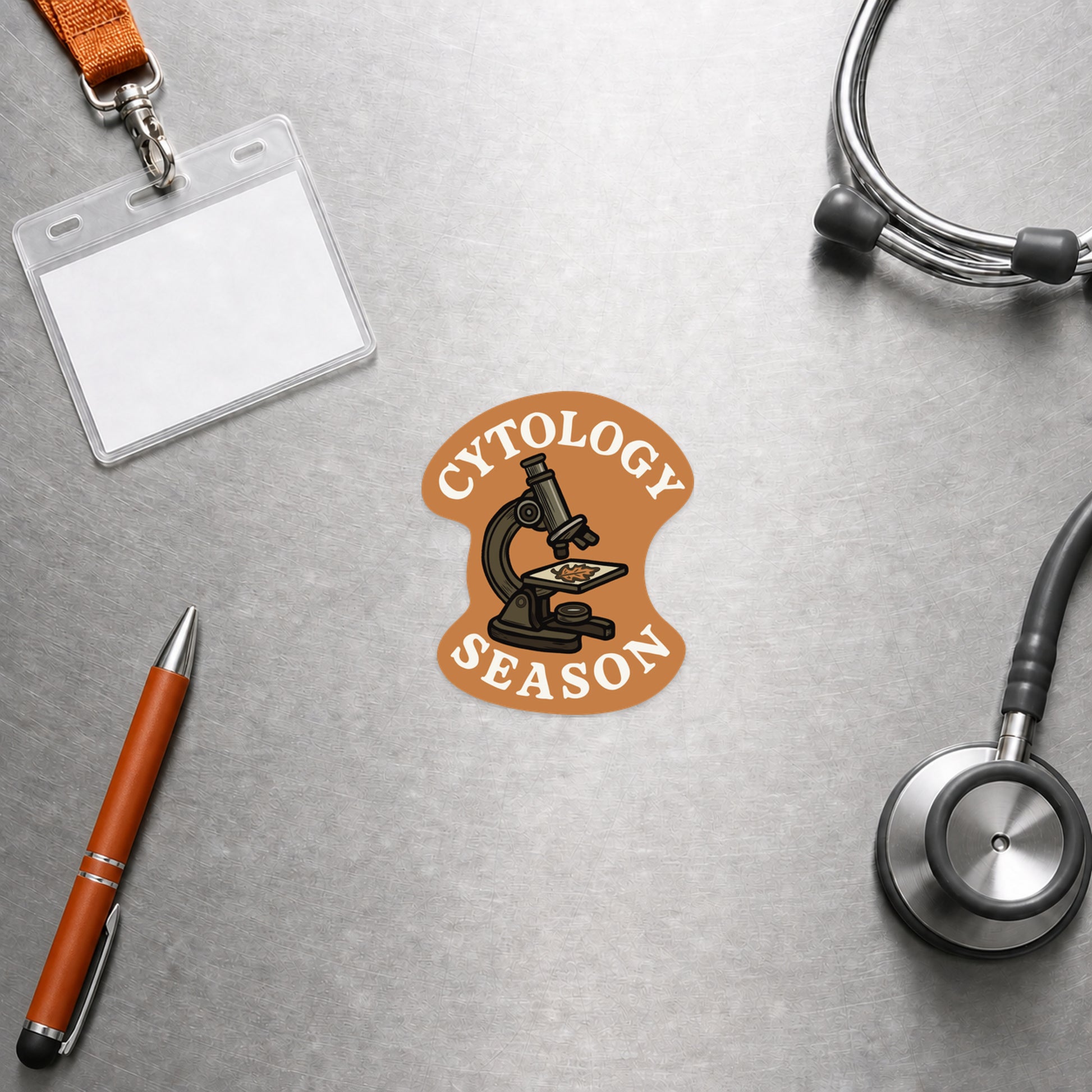 Cytology Season fall veterinary sticker with a lanyard, stethoscope and orange pen