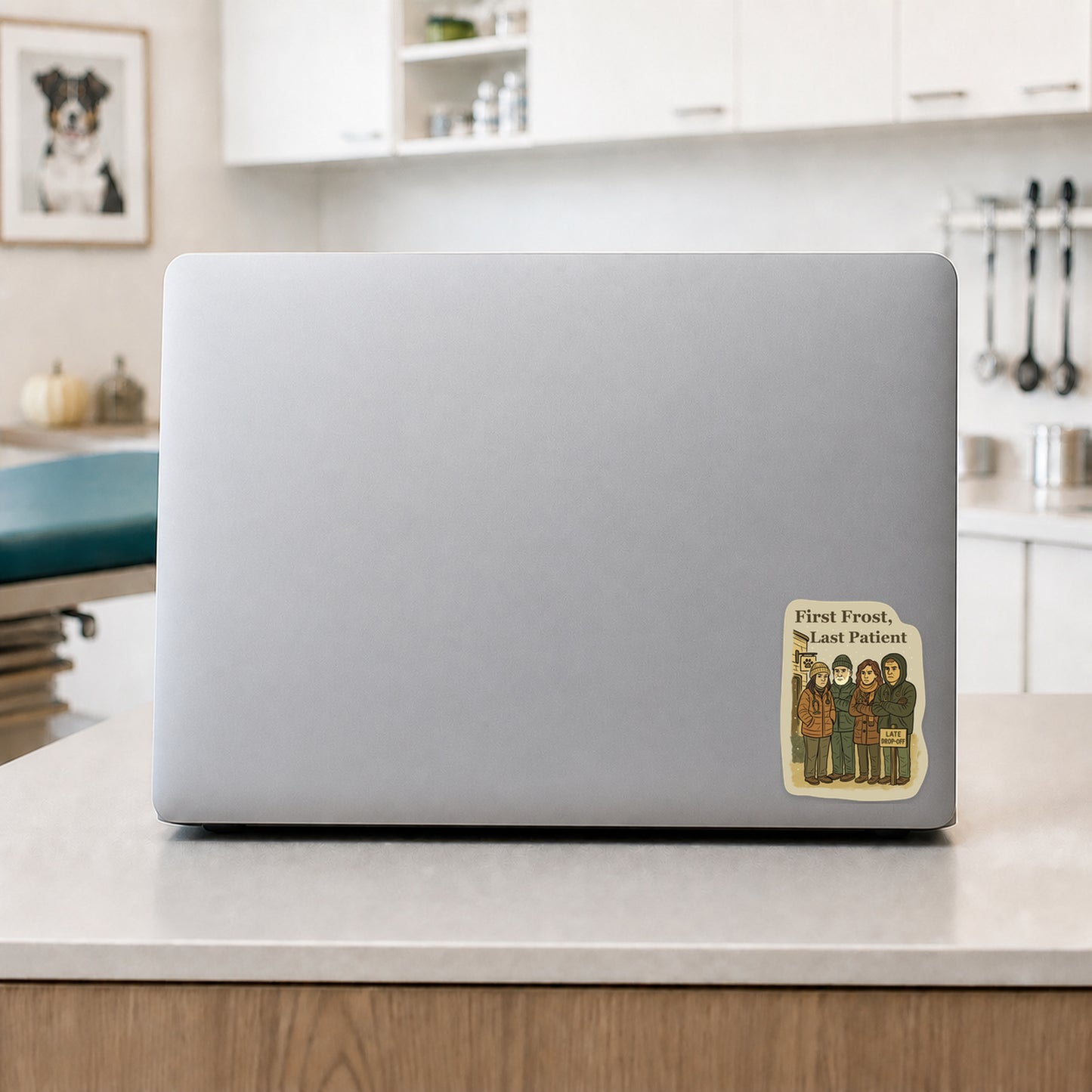 First Frost, Last Patient fall veterinary sticker on a laptop in a clinic break room
