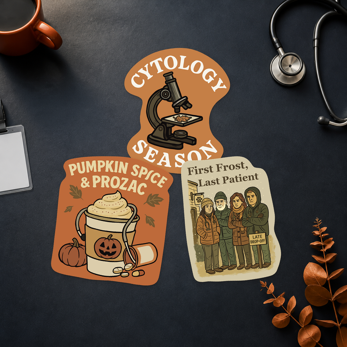 Fall Sticker Pack showing all three veterinary designs, Cytology Season, Pumpkin Spice and Prozac, and First Frost Last Patient, on a dark clinic desk