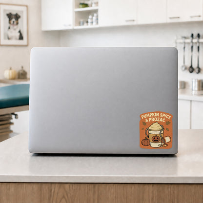 Pumpkin Spice and Prozac fall veterinary sticker on a laptop in a clinic break room
