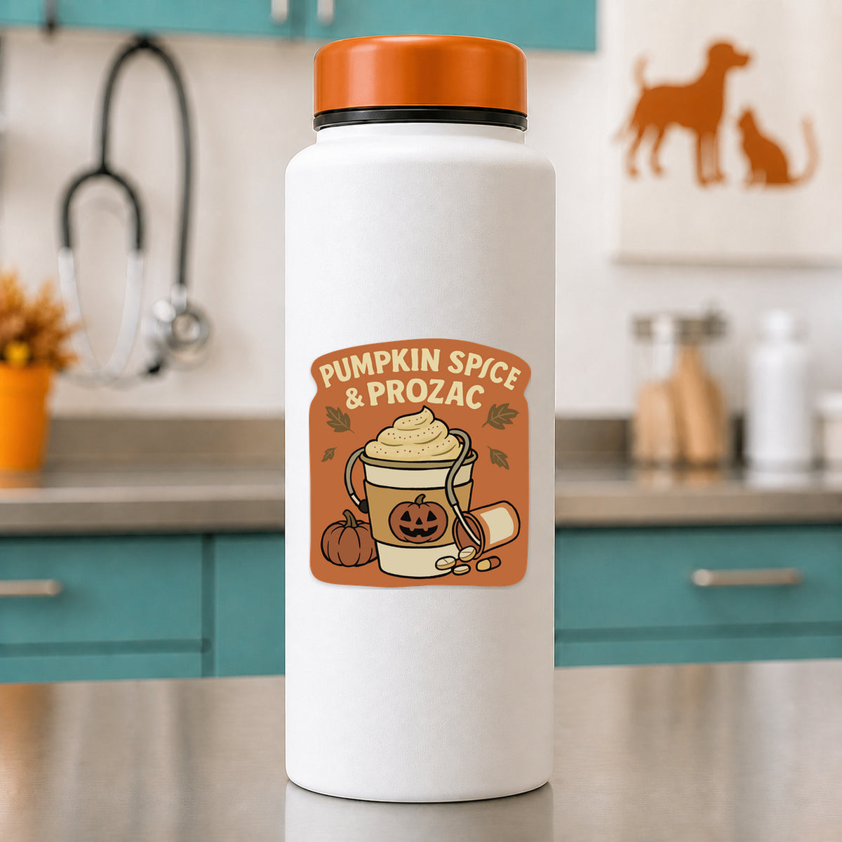 Pumpkin Spice and Prozac fall veterinary sticker on a white water bottle in a vet clinic