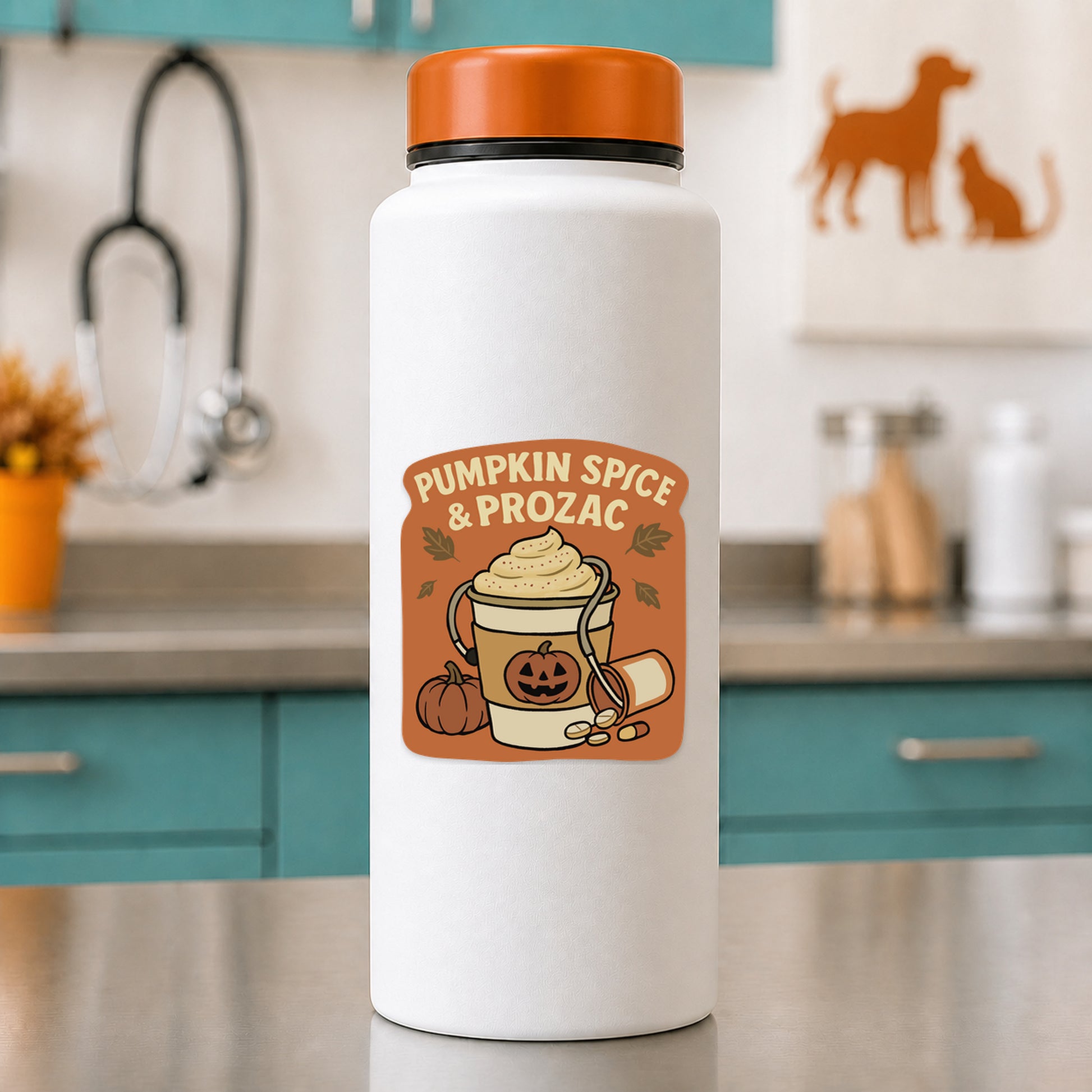 Pumpkin Spice and Prozac fall veterinary sticker on a white water bottle in a vet clinic