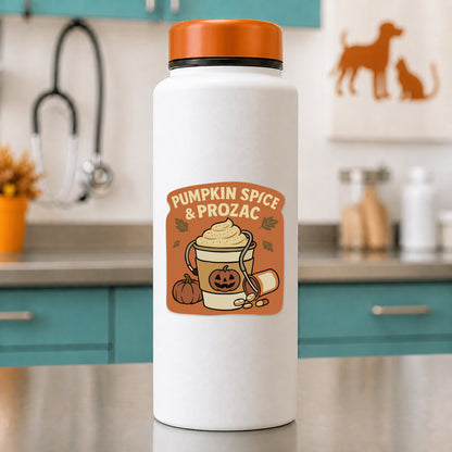 Pumpkin Spice and Prozac fall veterinary sticker on a white water bottle in a vet clinic