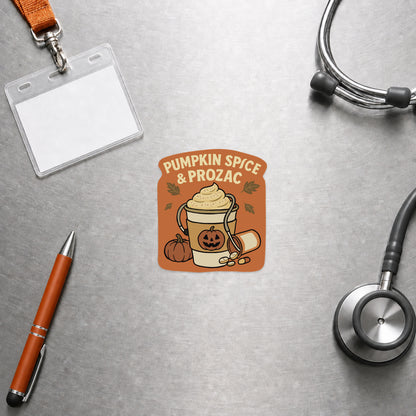 Pumpkin Spice and Prozac fall veterinary sticker with a lanyard, stethoscope and orange pen