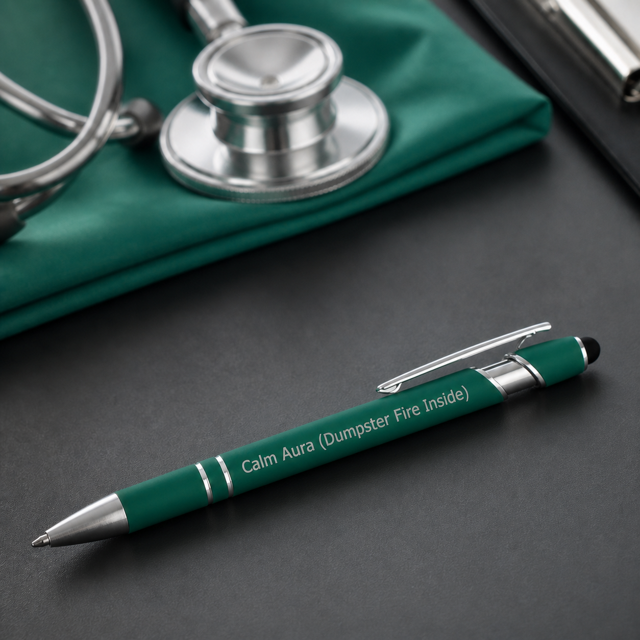 Dark green Calm Aura Dumpster Fire Inside laser-engraved veterinary pen on a charcoal clinic desktop