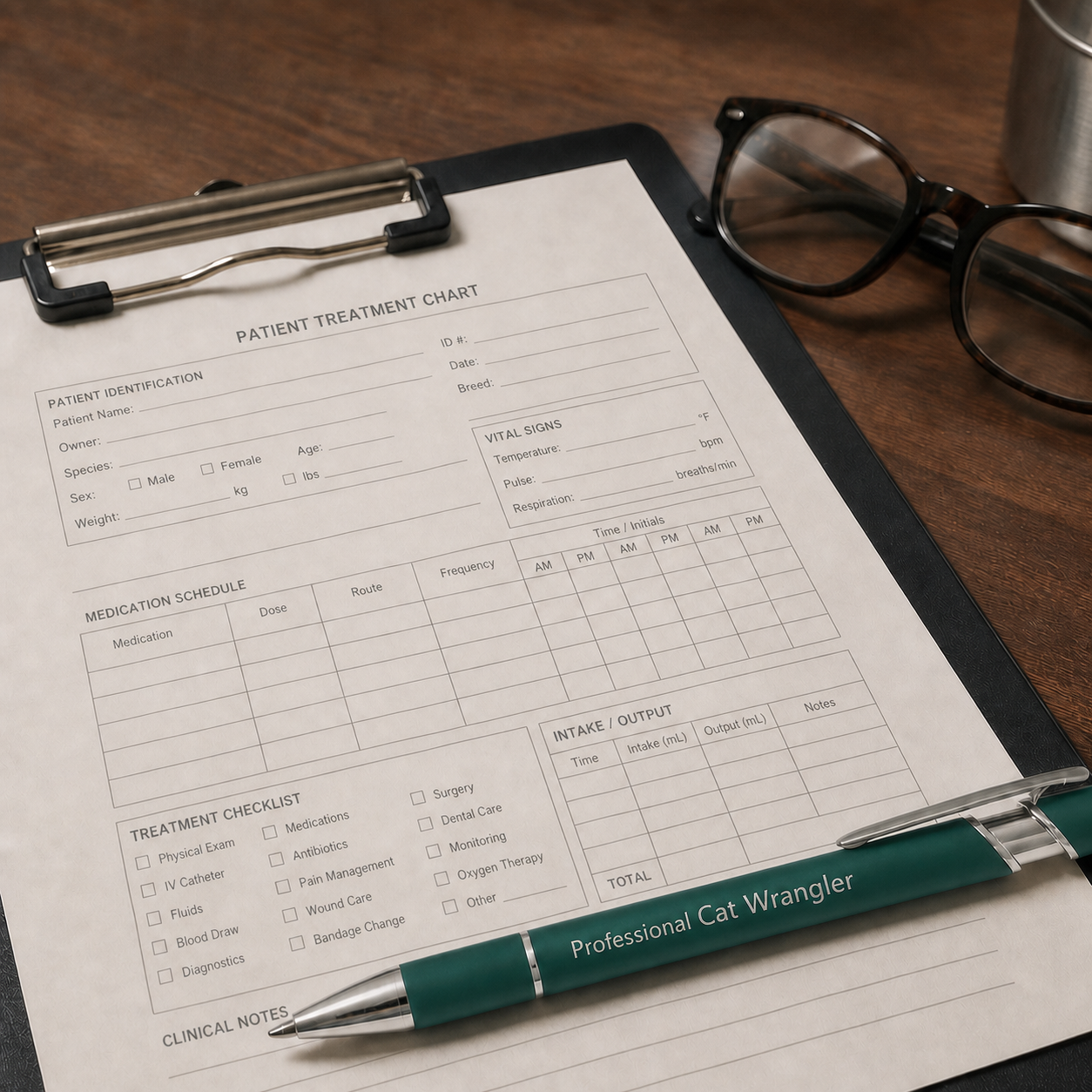 Dark green Professional Cat Wrangler laser-engraved veterinary pen on a treatment chart