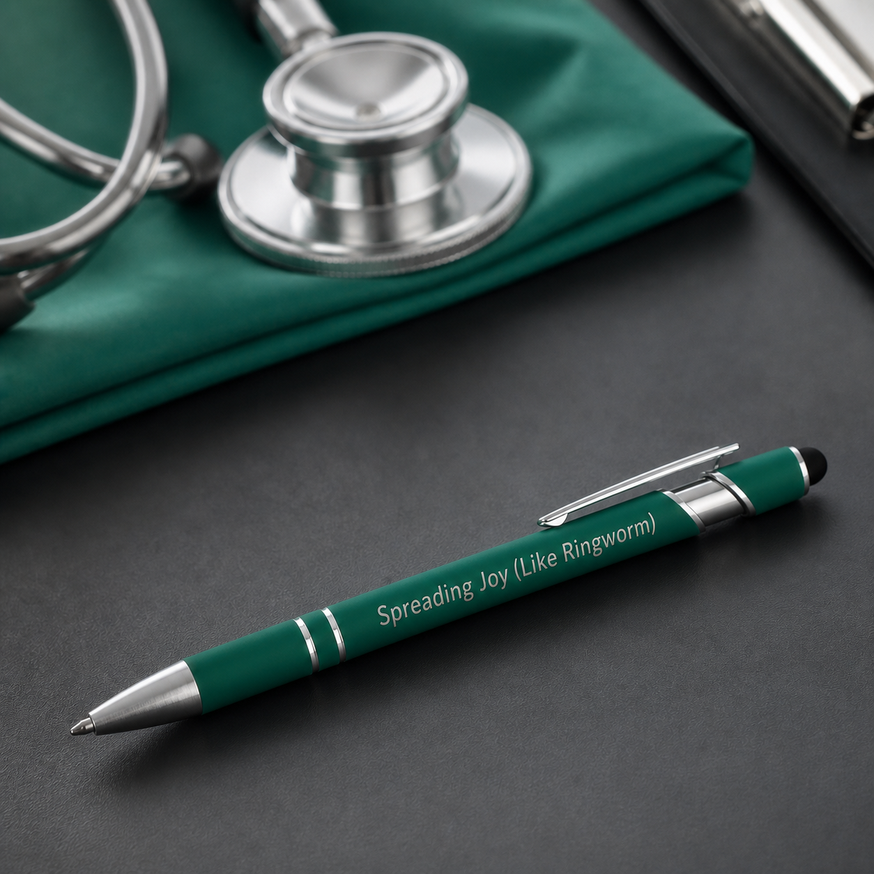 Dark green Spreading Joy Like Ringworm laser-engraved veterinary pen on a charcoal clinic desktop