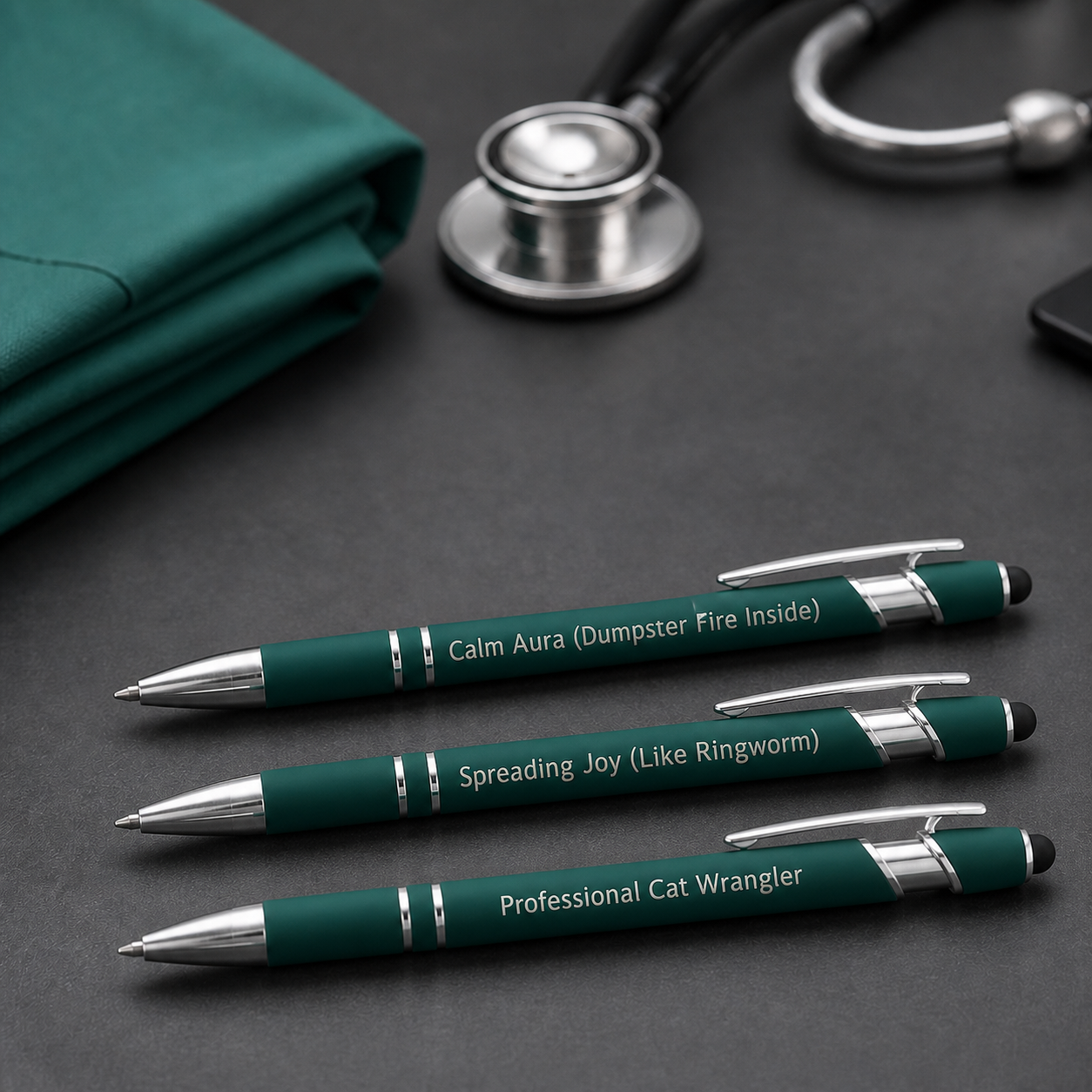 Three dark green laser-engraved veterinary pens with stainless steel hardware on a charcoal clinic desktop